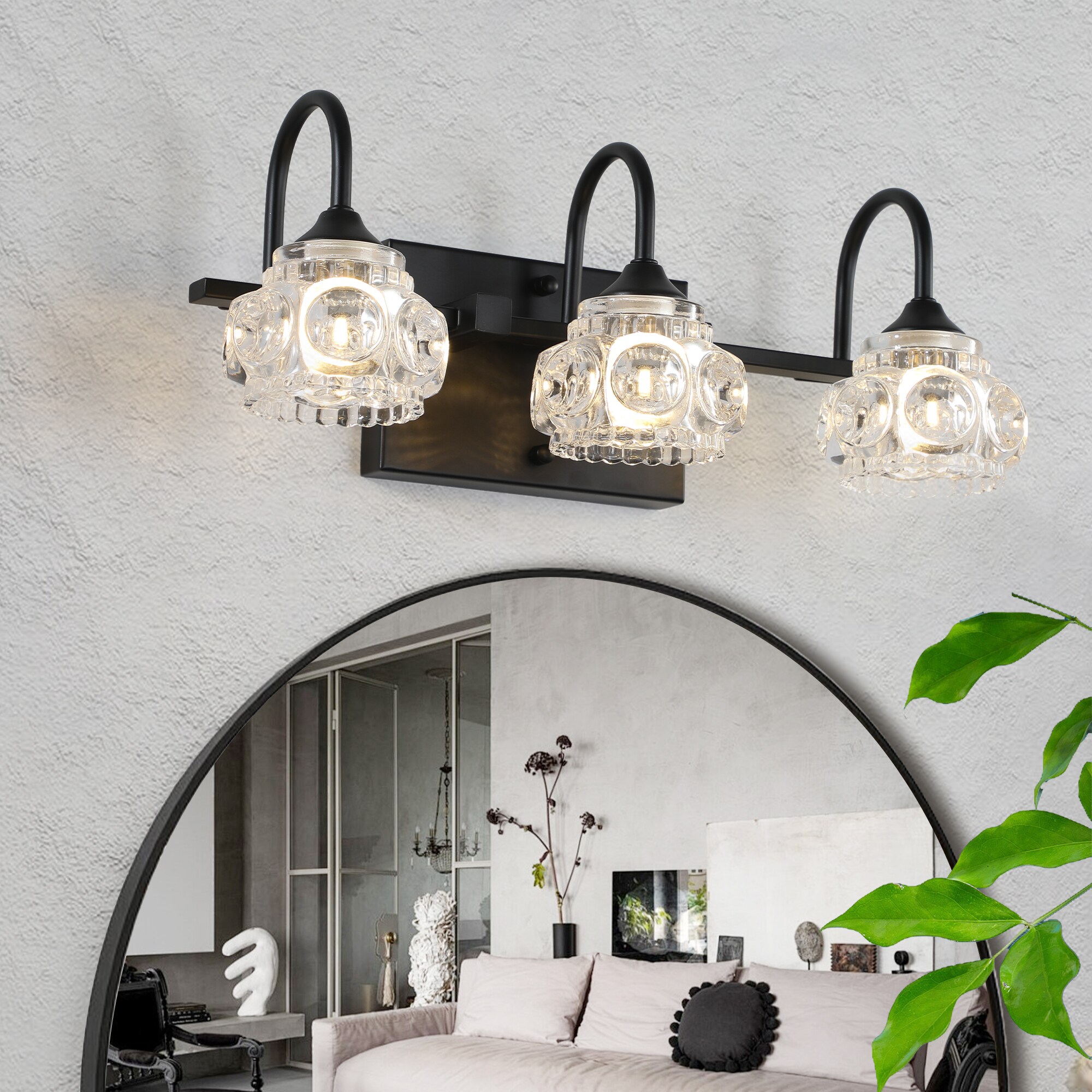 Ltemziiy 17-In Retro 3-Light Bathroom Vanity Light Fixture - Black Finish with Crystal Glass Shades Wall Mounted Lighting for Bathroom Powder Room and Vanity Mirror