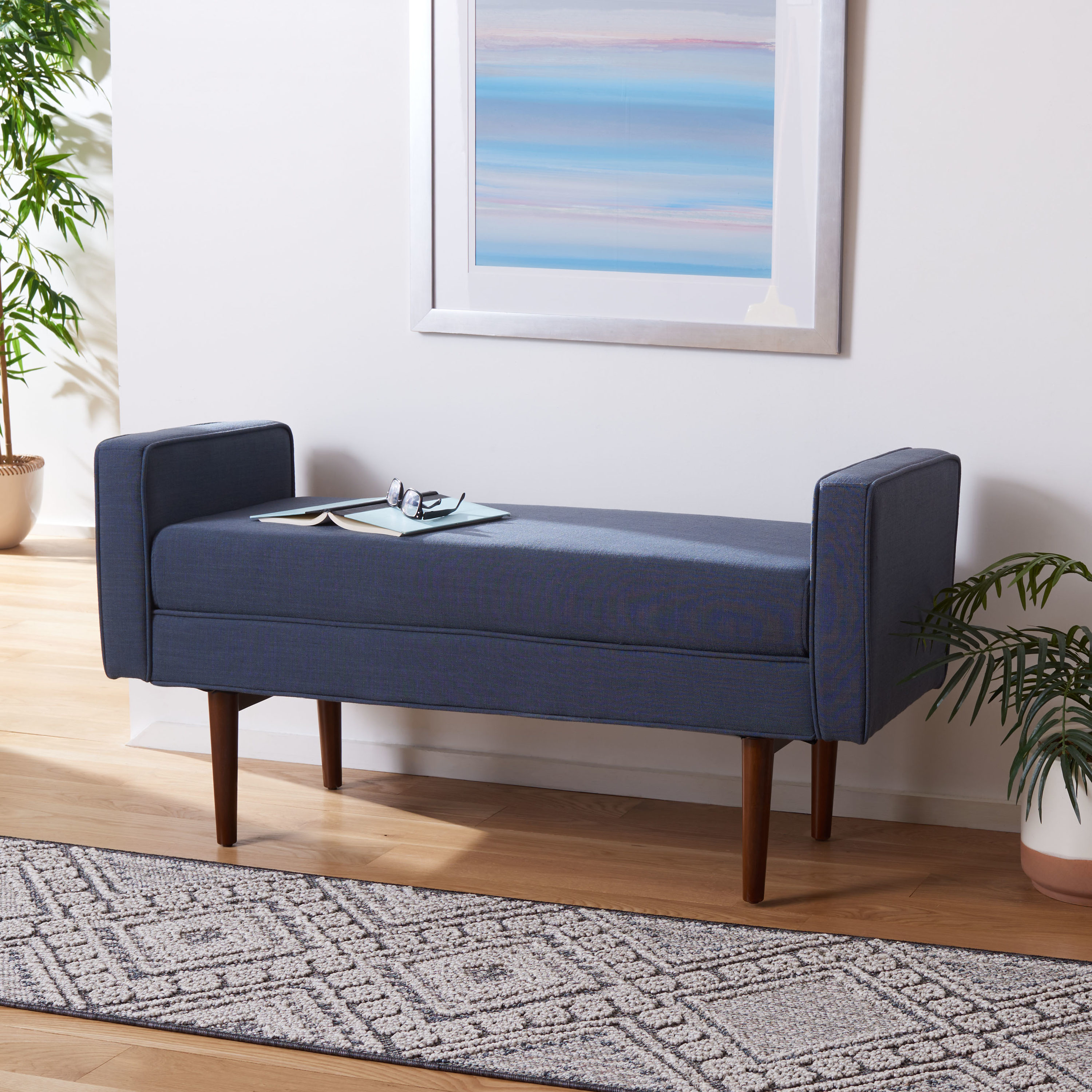 Safavieh BCH6303B Henri Modern Navy Linen/Walnut Accent Bench 49-in x 18-in x 25-in