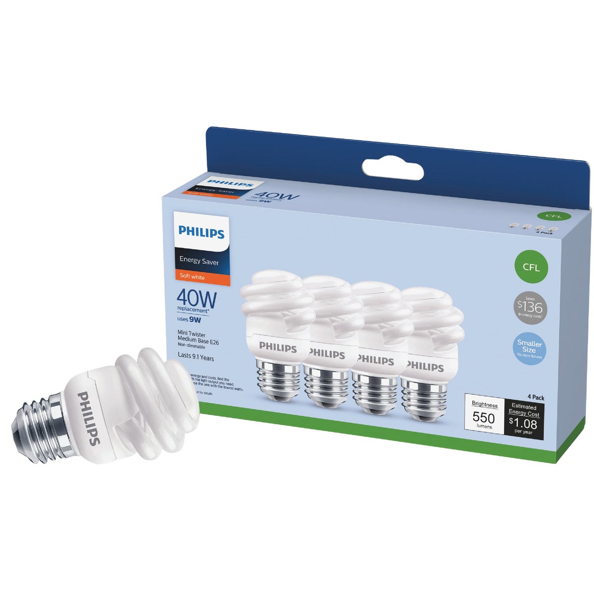 Philips LED Energy Saver Mini-Twister Light Bulbs - 4-Pack Soft White 9W (40W Equivalent)