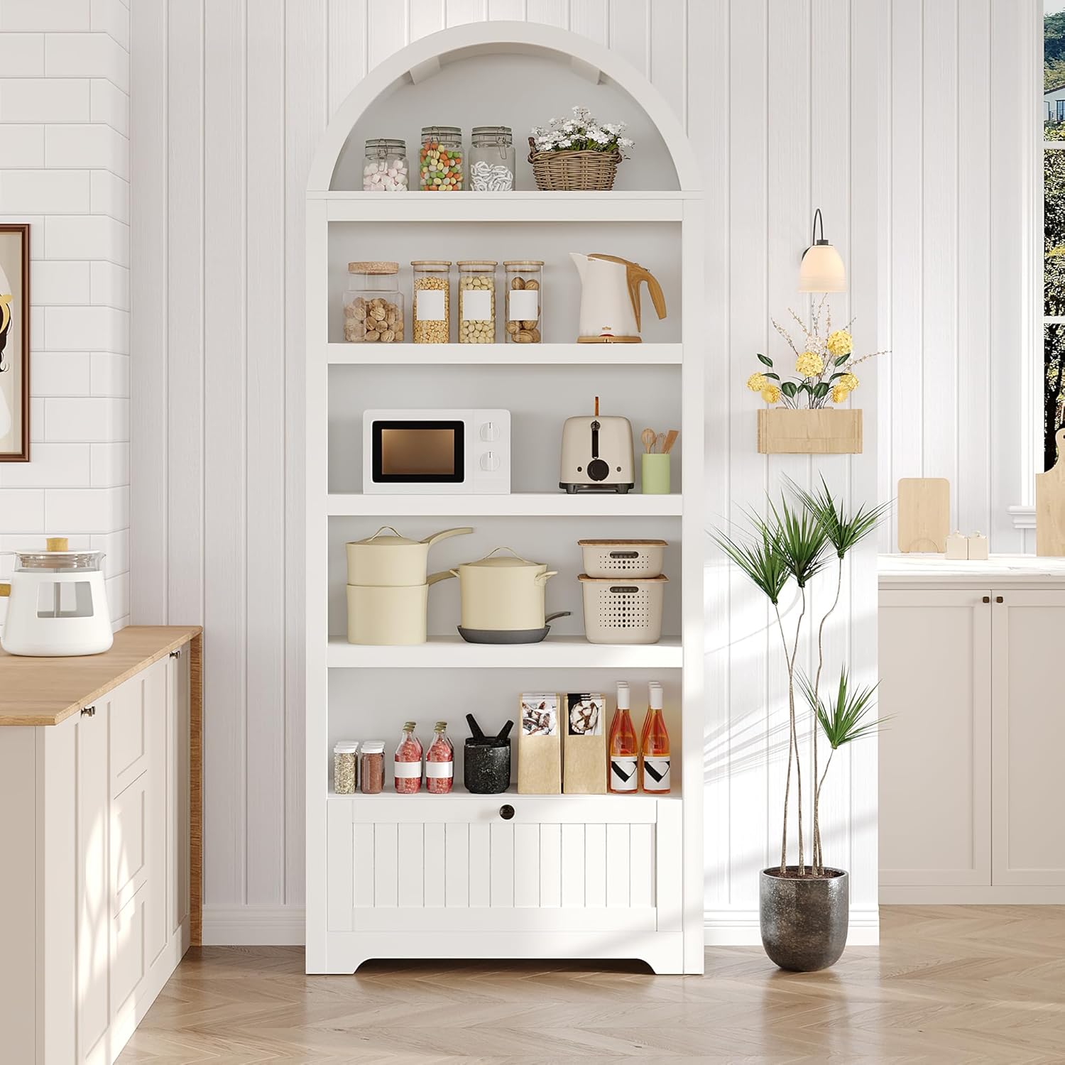 Qeetex QET-BKC-D917 71 Inch Tall Arched Storage Cabinet 6 Tiers Arch Wooden Pantry Cabinet with Drawer Adjustable Shelves Open Display Shelves Versatile Cupboard Book Shelf for Bedroom Office Living Room White