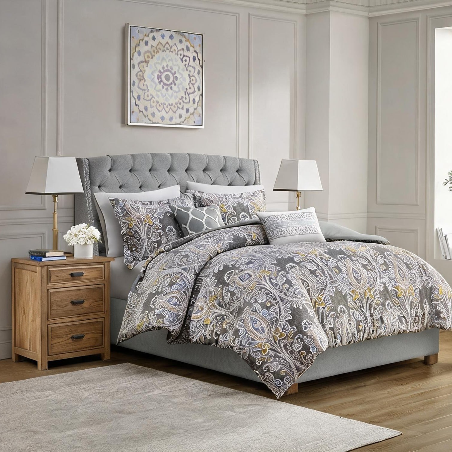 Watnature Bedroom Bedding Sets combining 5 Pieces Damask Pattern and Cotton Sateen King Duvet Cover Set