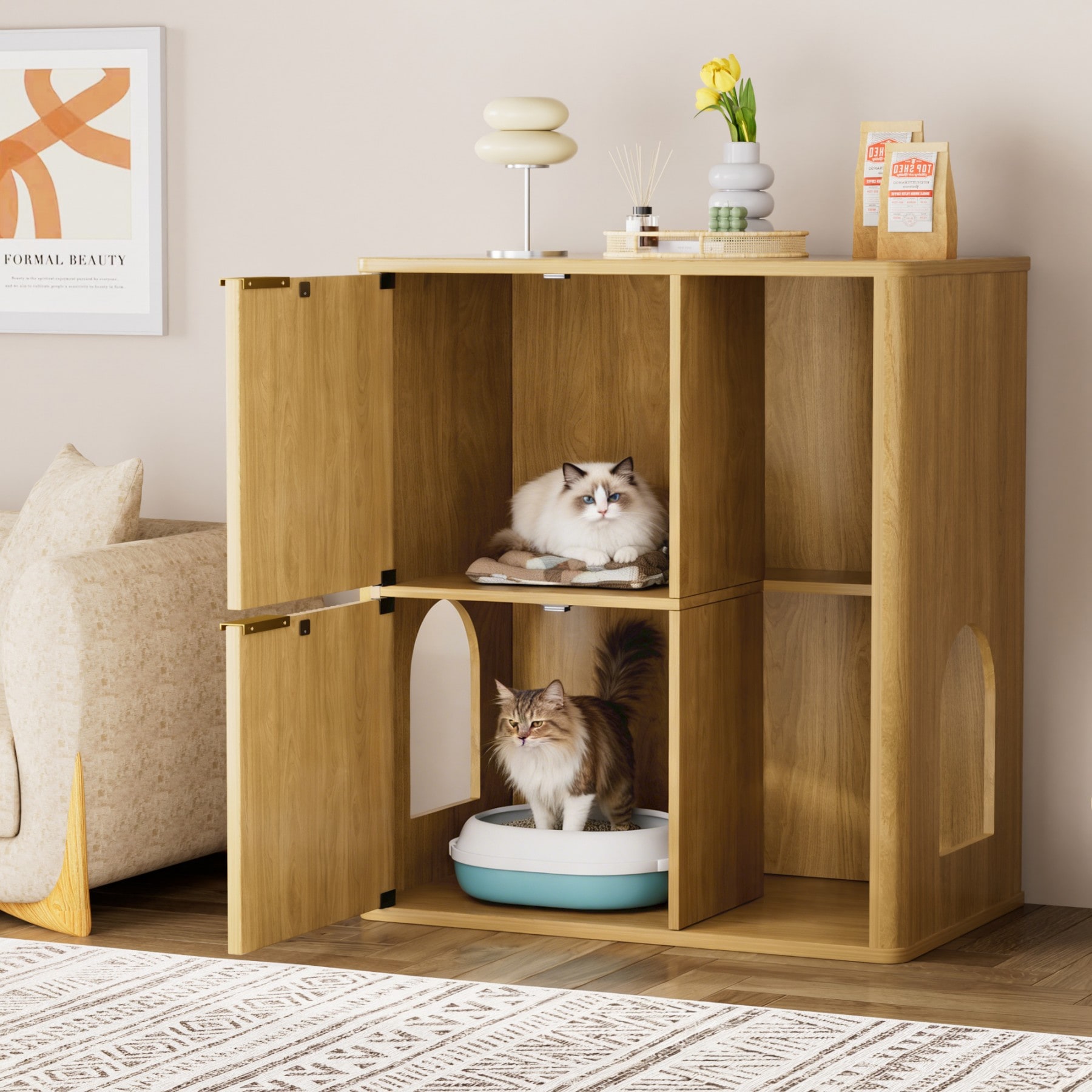 GlasFlength  31-Inch Cat Litter Cabinet Concealed Pet Furniture with Dual Entry Doors Storage Shelf and Scratch Post for Living Room Bedroom Natural