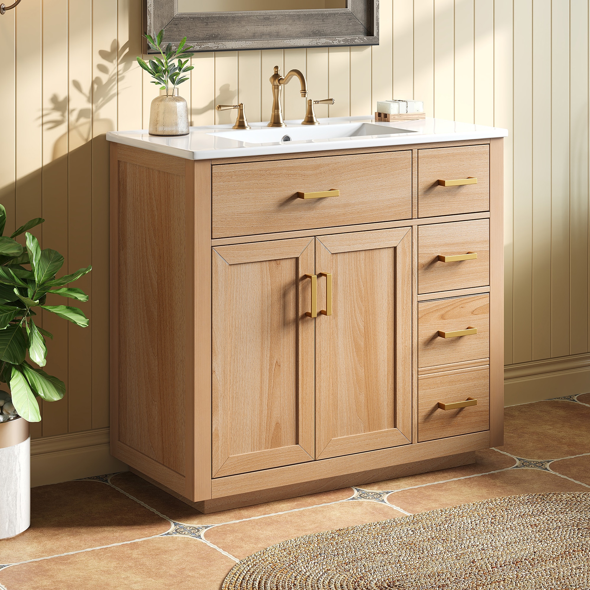 Forclover Unassembled Bathroom Vanity 36-in Natural Wood Color Undermount Single Sink Bathroom Vanity with White Ceramic Top