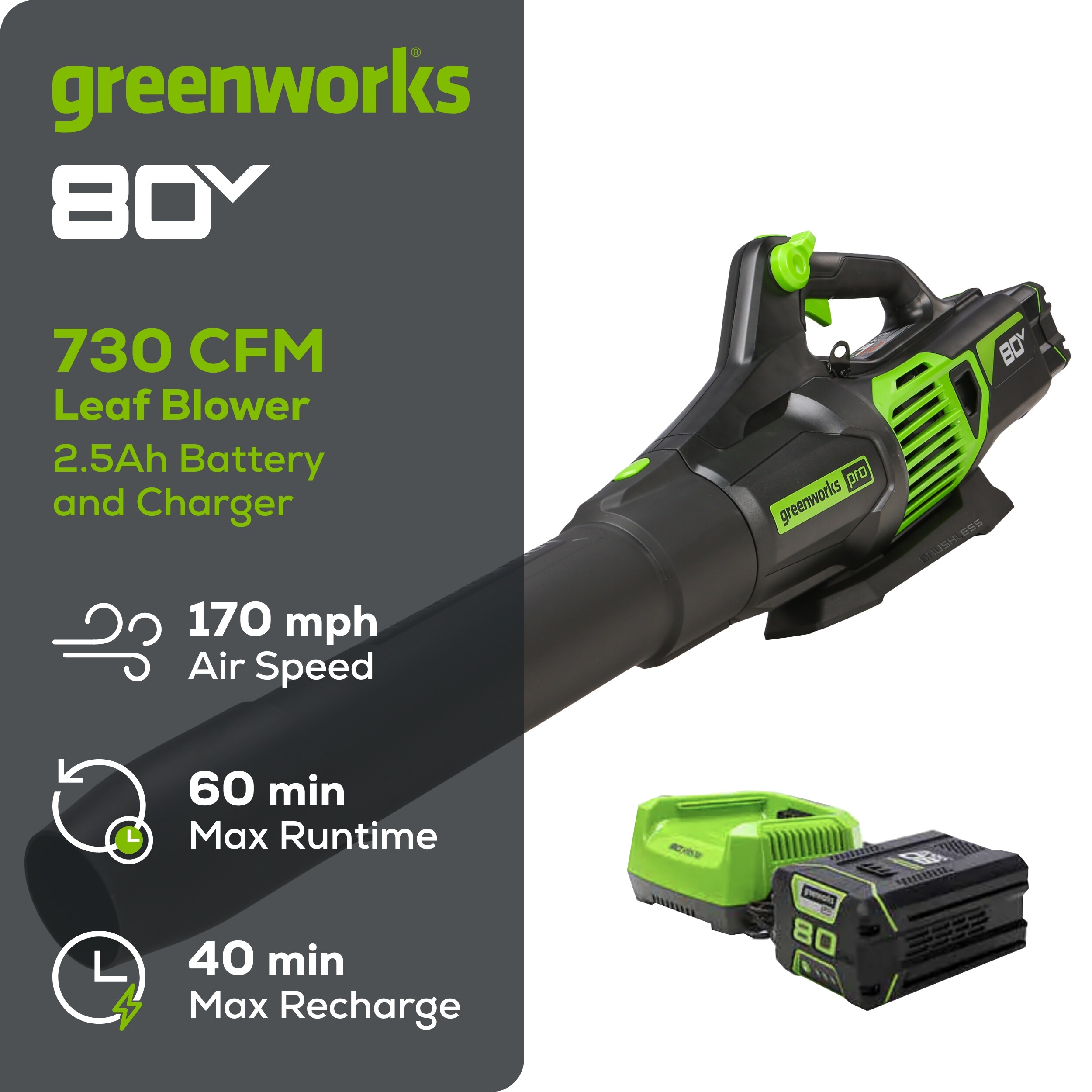 Greenworks 80-volt 730-CFM 170-MPH Battery Handheld Leaf Blower 2.5 Ah (Battery and Charger Included)