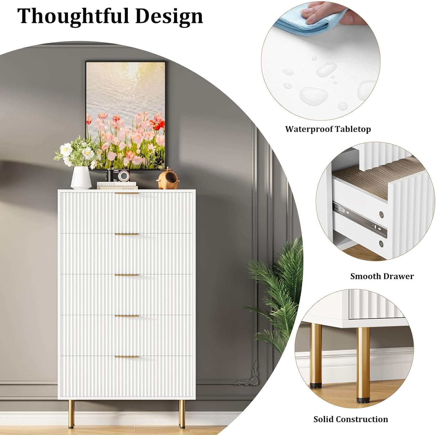 Garvee 5 Drawer Dresser for Bedroom Chest of Drawers 27in Wide Fluted ...