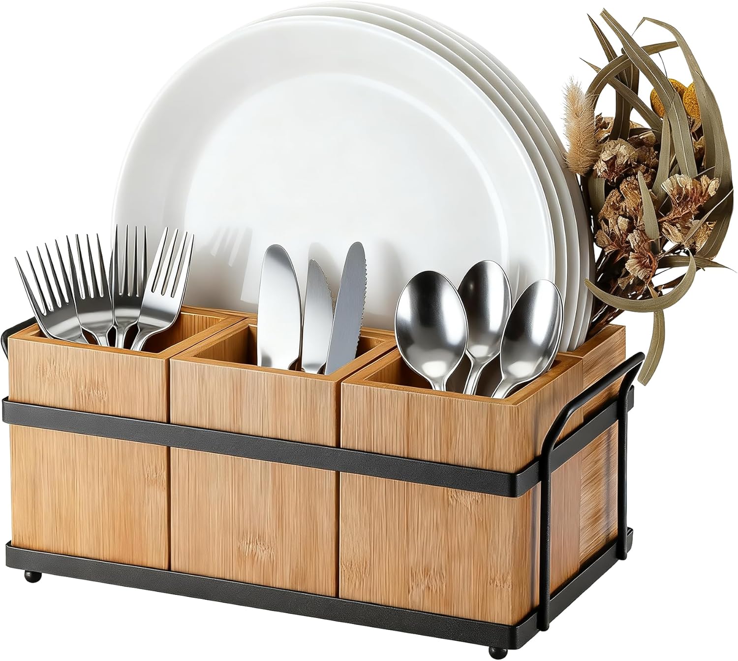 GAOMON Flatware Caddy with 4 Removable Compartments and Metal Tray Cutlery Organizer for Camping Buffet