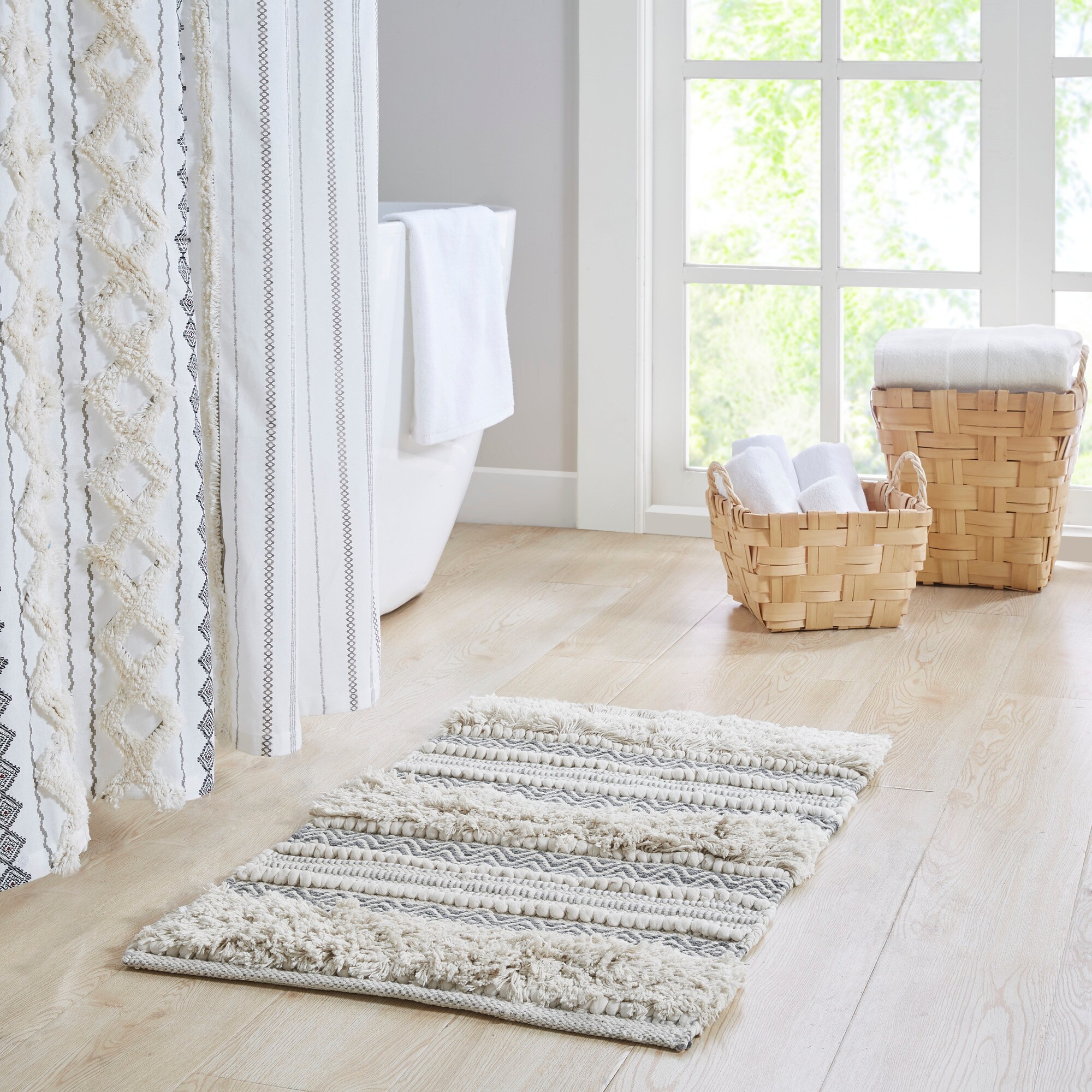 Nordic Shaggy Grey and Beige Patterned Bathroom Rug