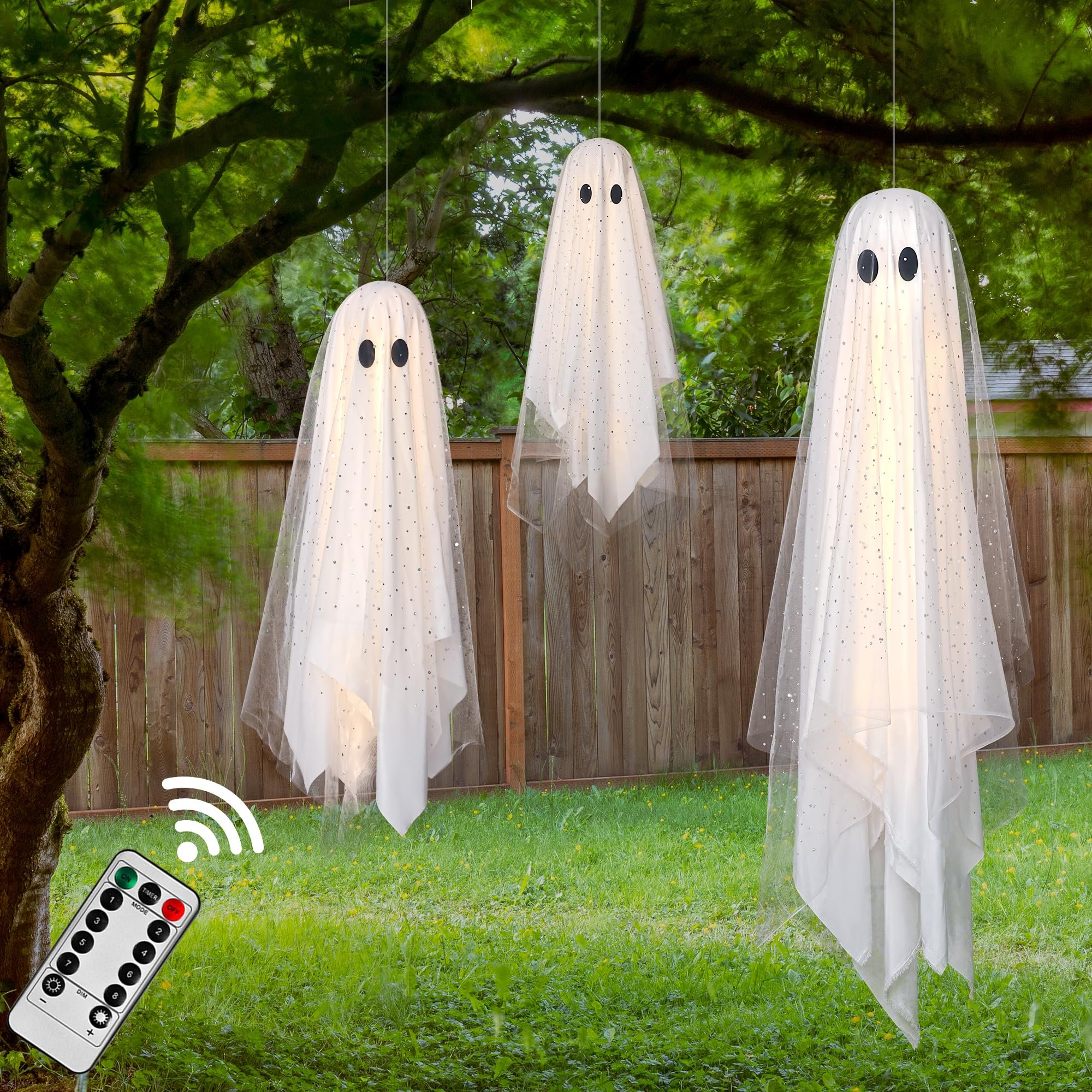 Wudkey 3 Pack Hanging Halloween Ghost Decorations with Light and Remote Control Spooky Ghost Ornaments for Indoor Outdoor Tree Yard Garden Decor