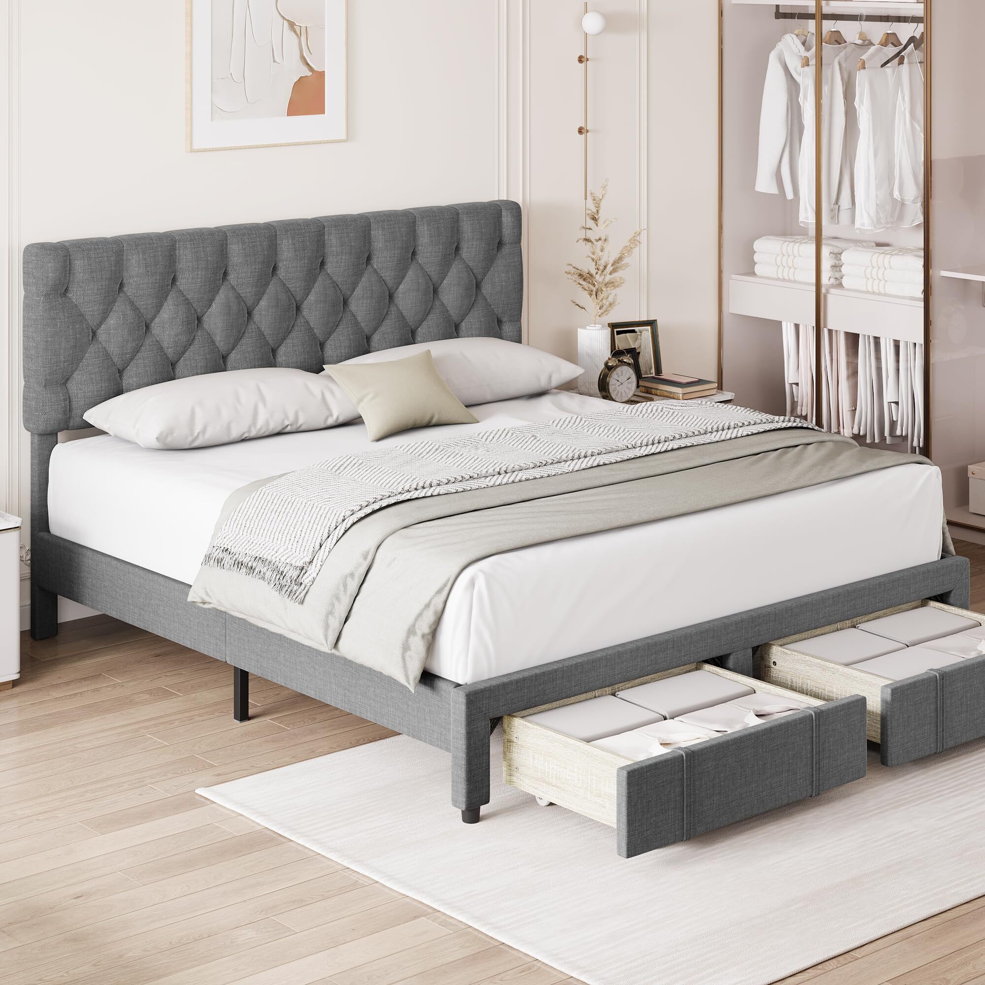 Garvee - Queen Bed Frame with 2 Storage Drawers Upholstered Platform Adjustable Tufted Headboar...