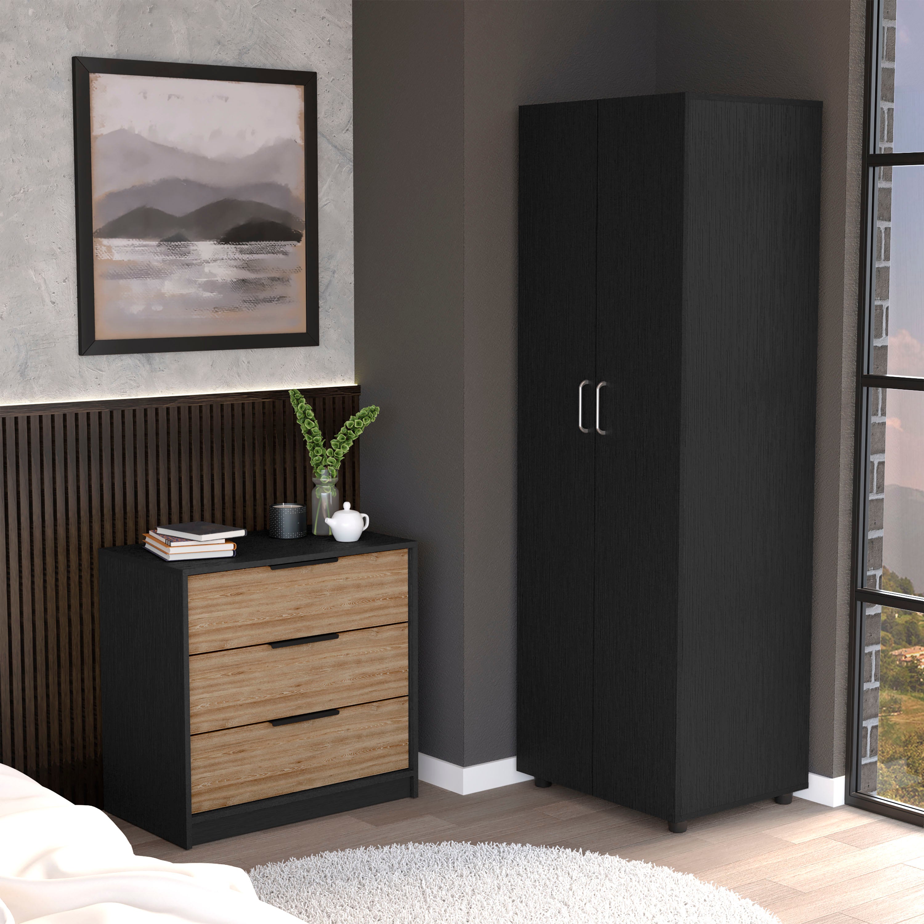 LOVMOR - 2 Piece Bedroom Set London Armoire + Egeo 3 Drawers Dresser Black / Pine