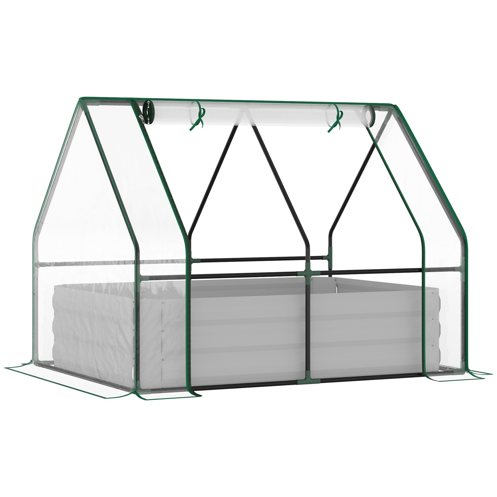 Vorene 4FT x 3FT Galvanized Raised Garden Bed with Mini Clear PVC Greenhouse Cover/ Outdoor Metal Planter Box with 2 Roll-Up Ventilation Windows