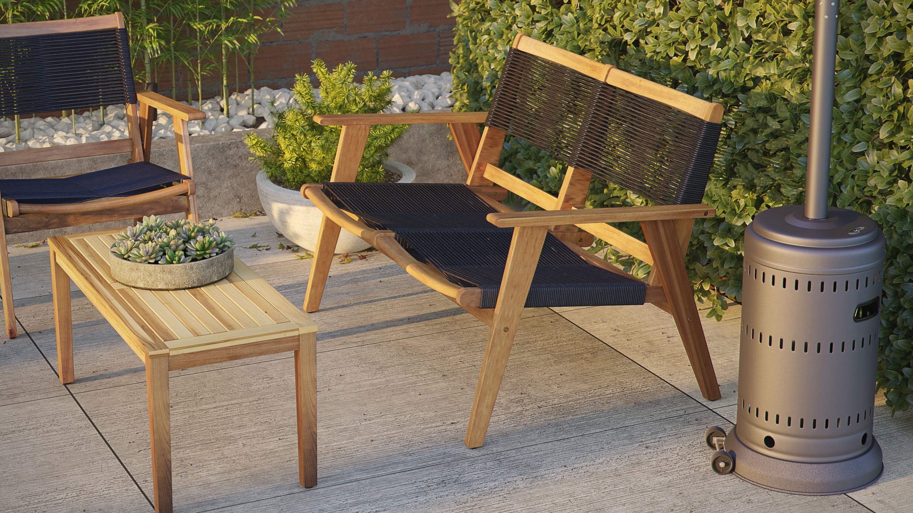 Kingsmen Teak and Black Cordage Loveseat Bench