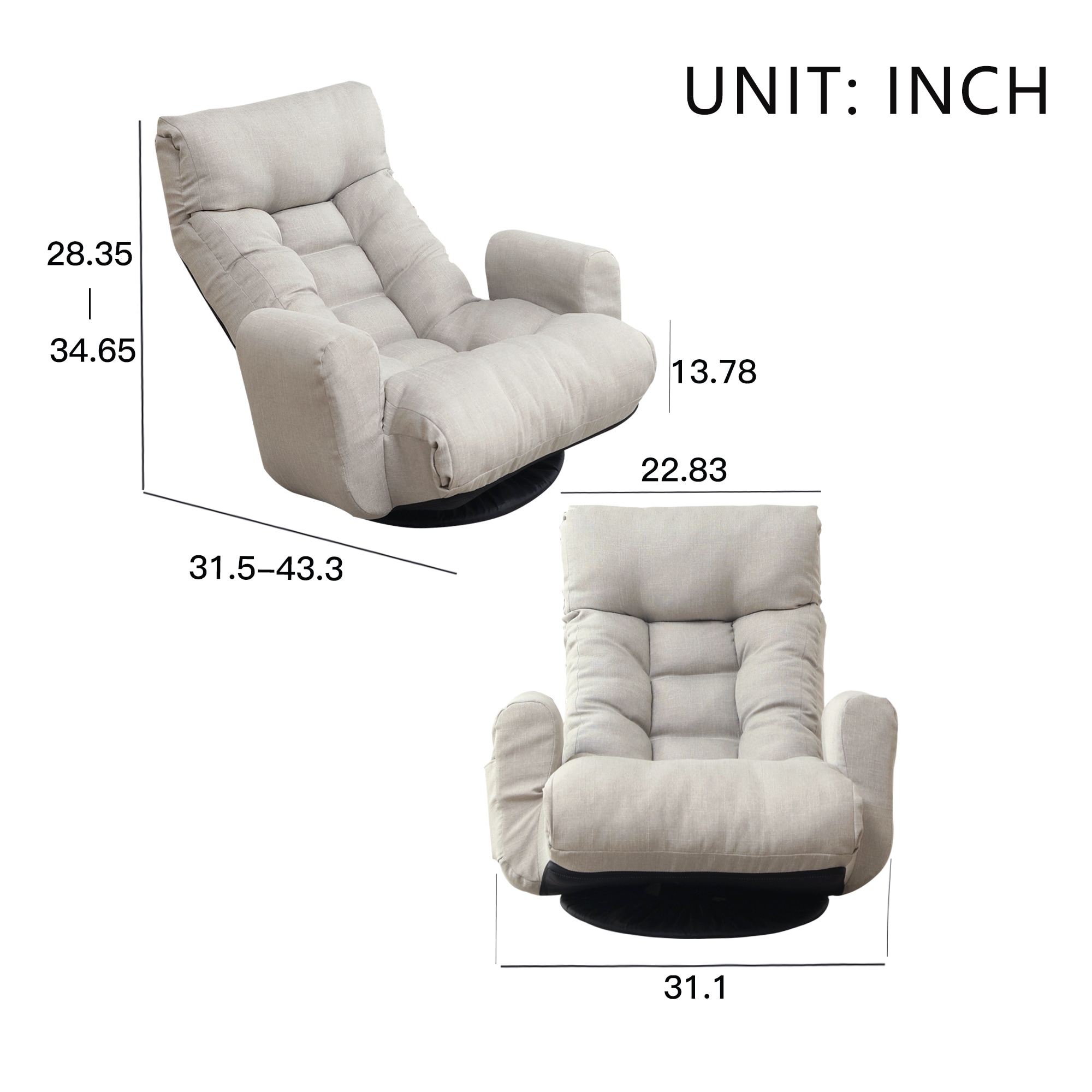 Unit dimensions of the floor chair with labeled measurements