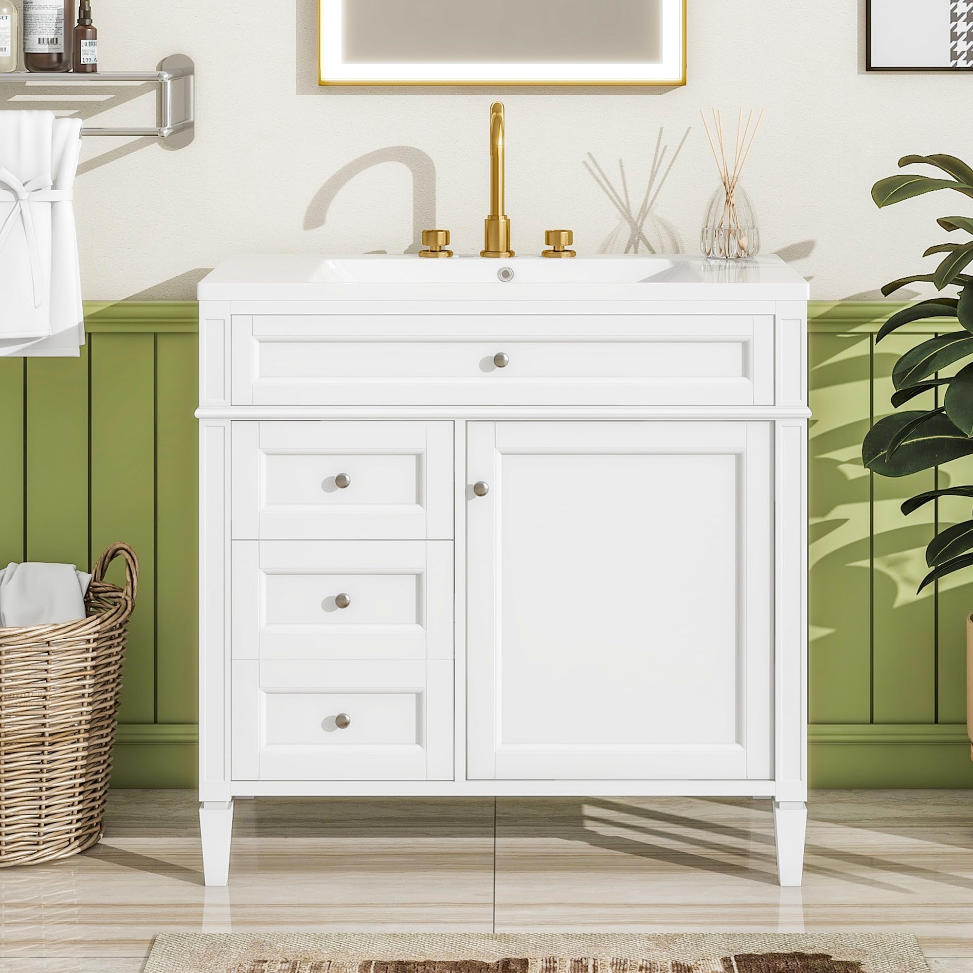 Clihome 36'' Bathroom Vanity with Top Sink 36-in White Single Sink Bathroom Vanity with White Ceramic Top