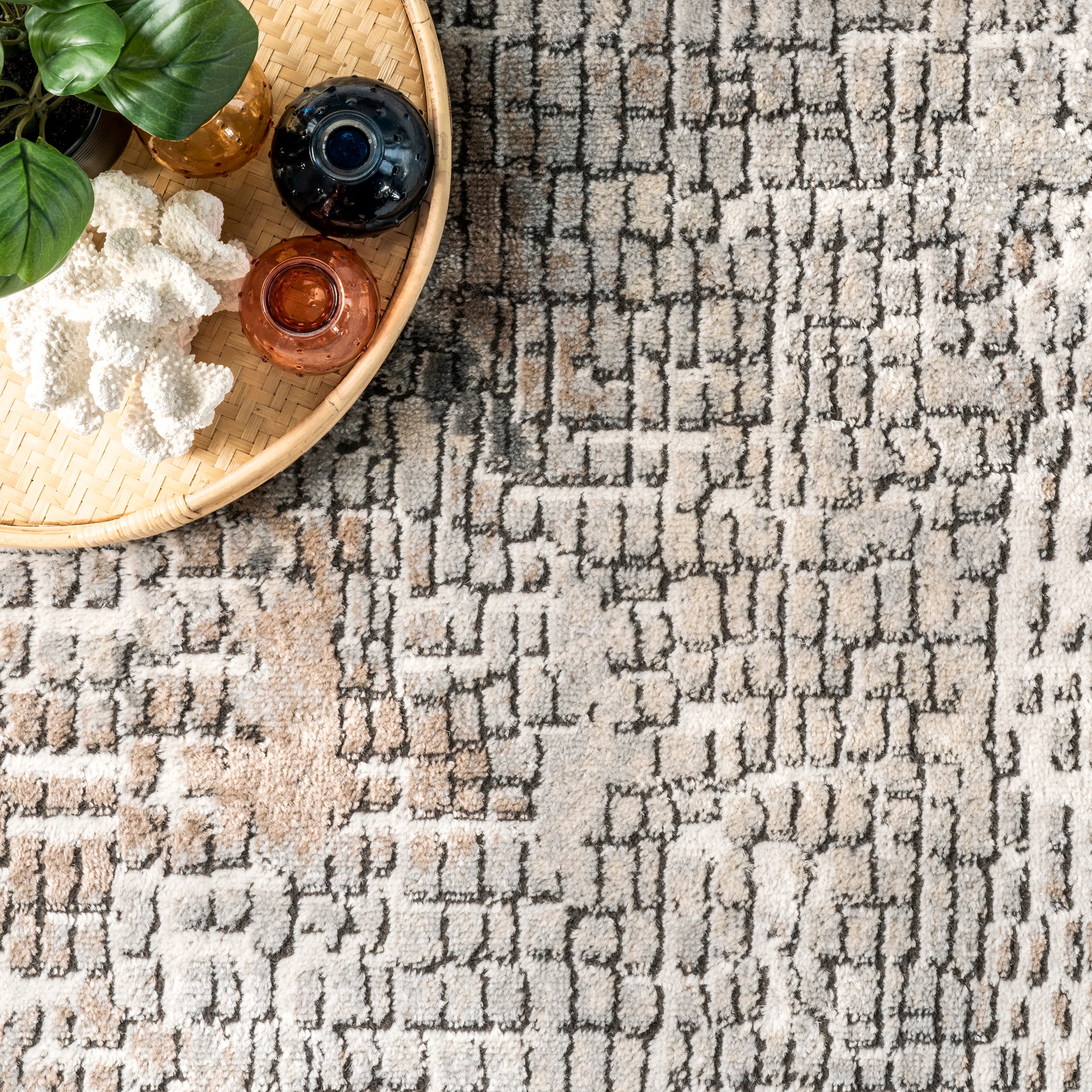 Contemporary Abstract Tile 7x9 Beige Synthetic Area Rug