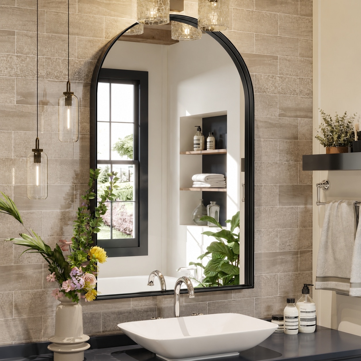 Phewnyzo  Arched Wall Mirror 24 x 40 Inch Black Metal Frame Decorative Vanity Mirror for Bathroom Bedroom Living Room Entryway Hallways Modern