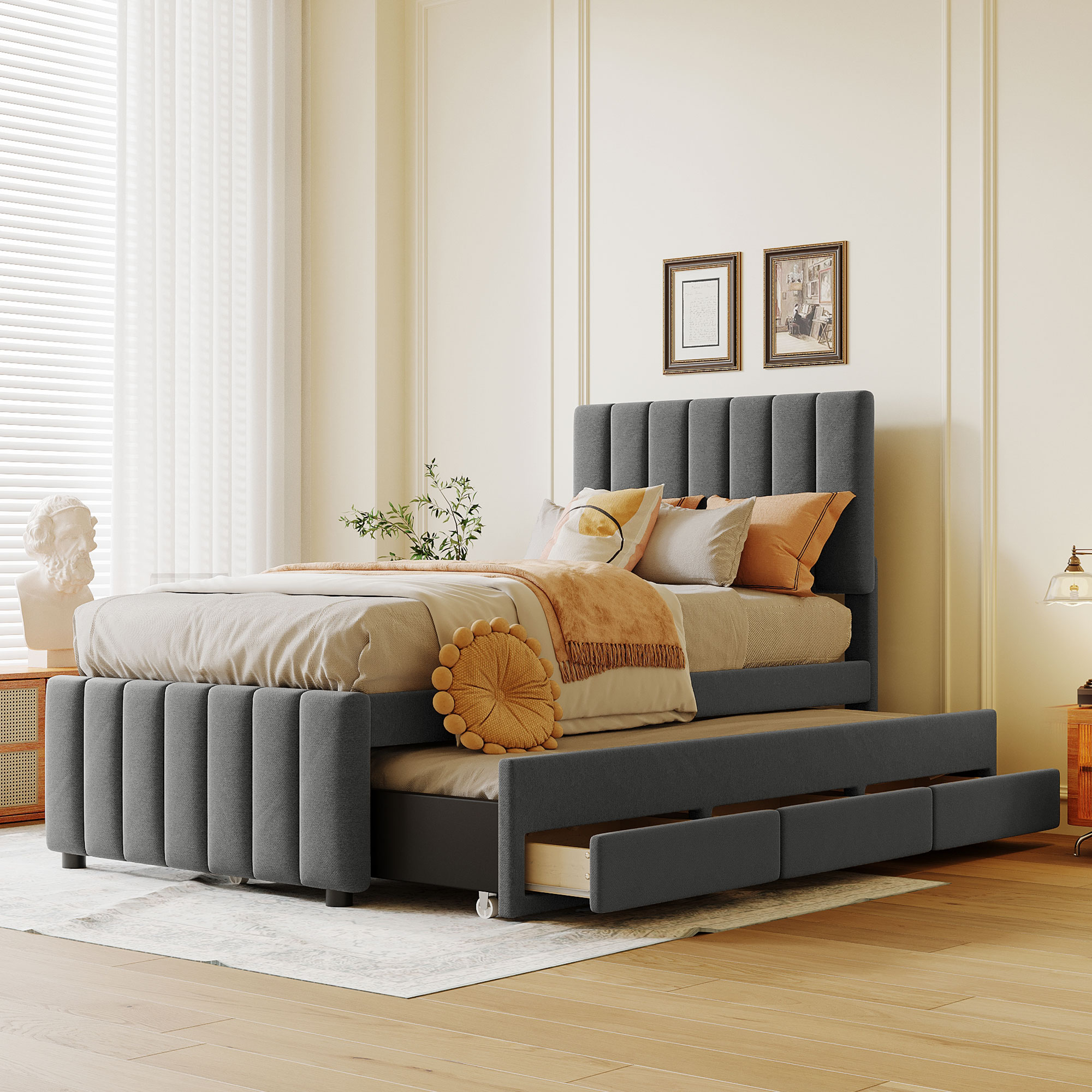KTMBDW - Twin Size Linen Fabric Upholstered Platform Bed with Trundle and 3 Drawers (Gray)