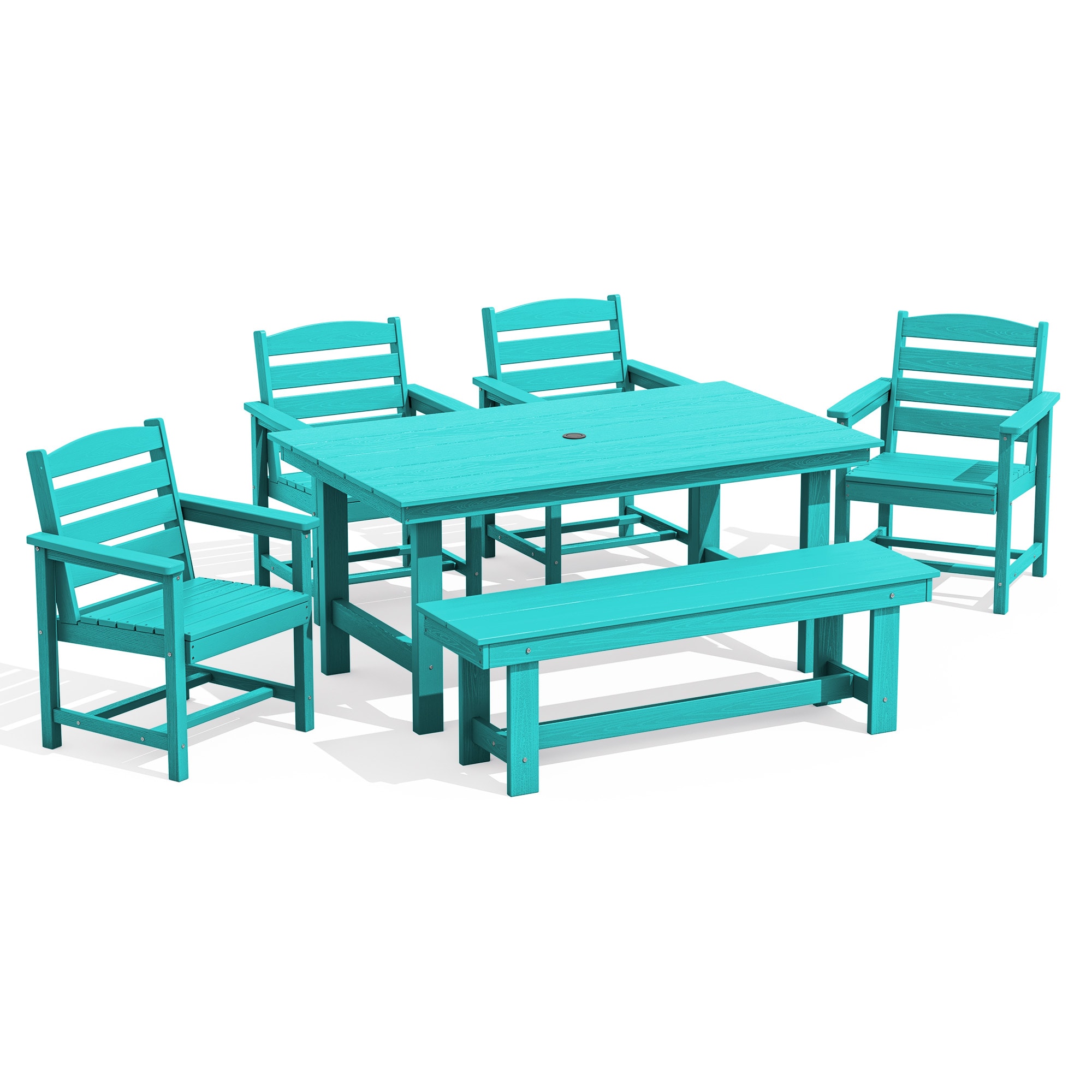 JEAREY PEJYCZY06-PB 6-Pieces HDPE Dining Set with 4 Chairs,1 Bench,1 Table 6 -Piece Tiffany Blue Patio Dining Set Plastic Rectangle Table with 4 Stackable Stationary Chairs