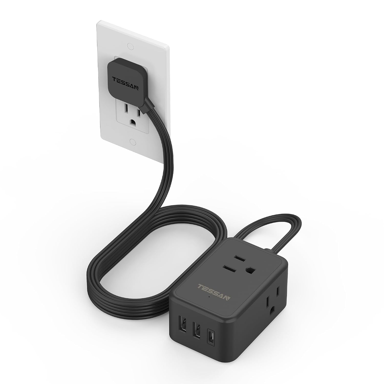LENCENT Small Flat Plug Power Strip with 5 ft Ultra Thin Extension Cord 3 AC Outlets 2 USB-A Ports 1 USB-C Port 6-Device Charging No Surge Protection for Travel Dorm Cruise
