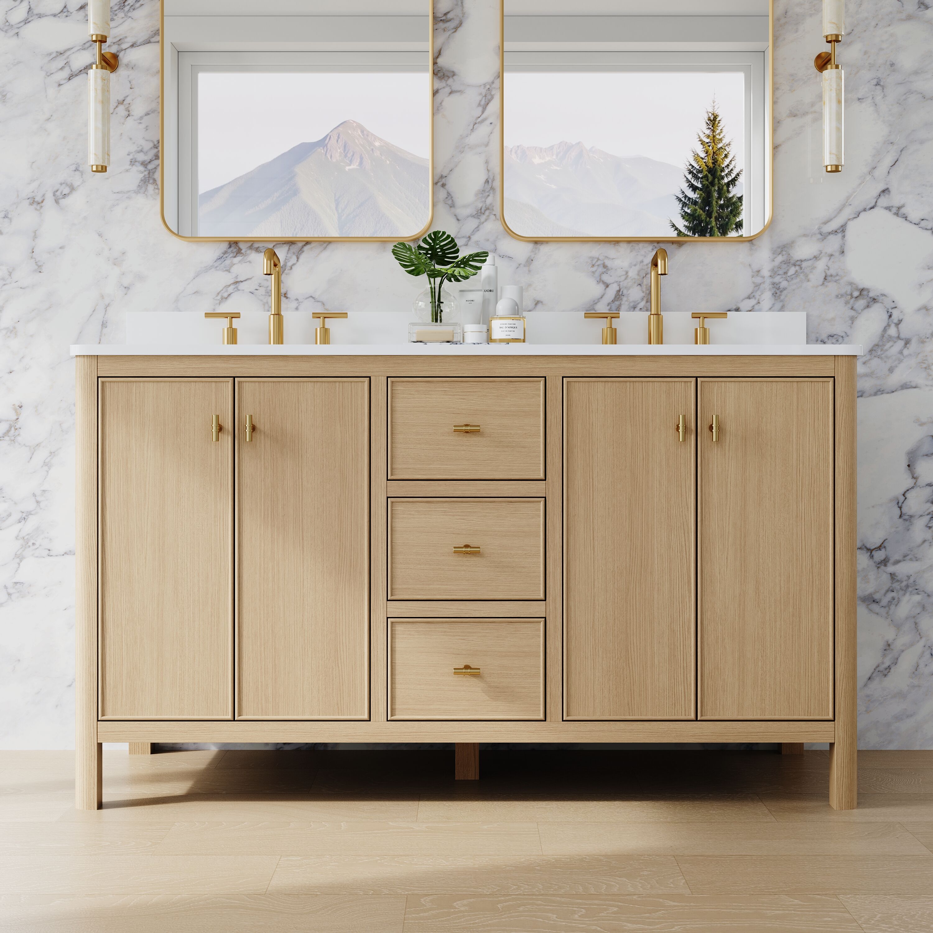 WELLFOR - LORIN Bathroom Vanities with Top Solid Wood 60-in Oak Undermount Double Sink Bathroom V...