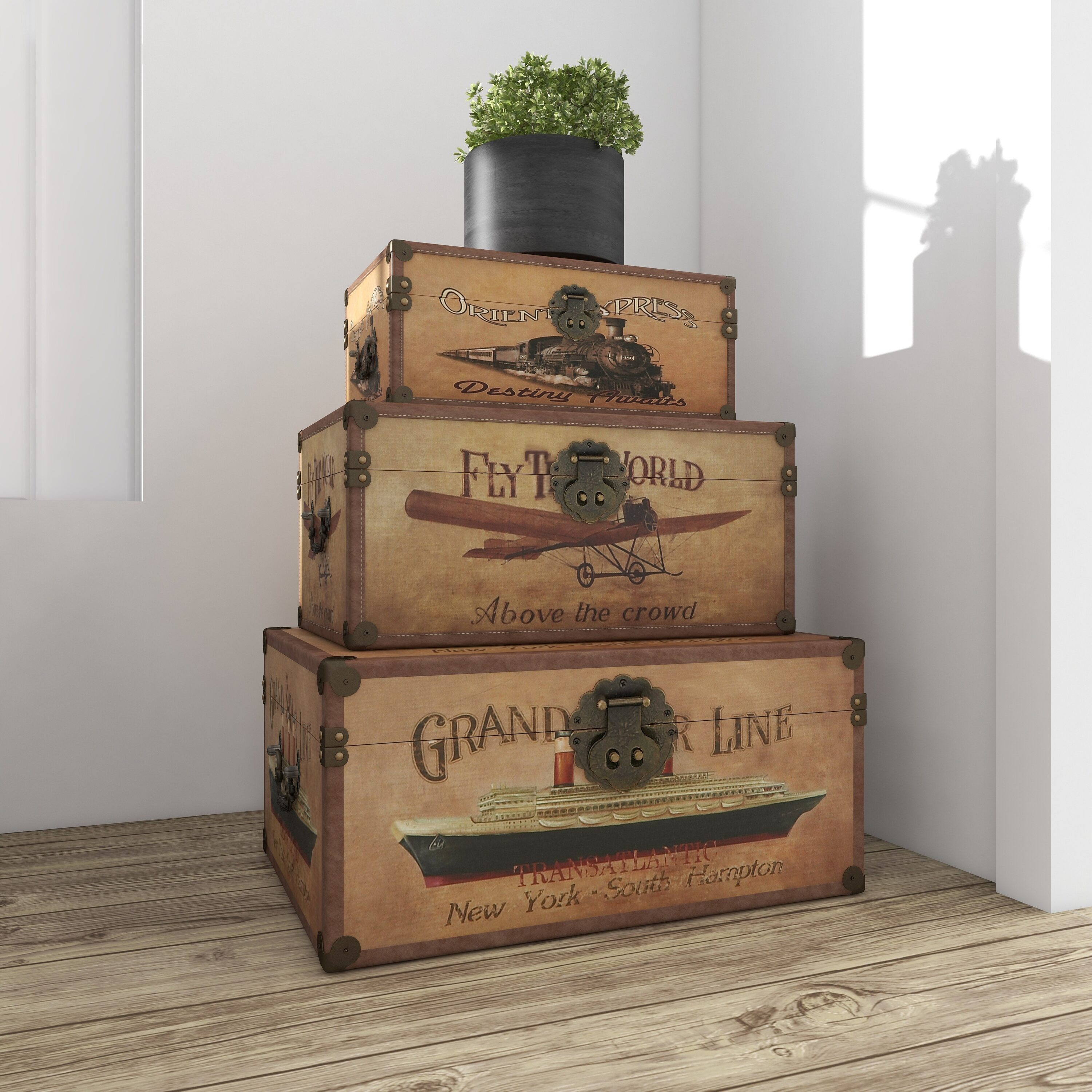 Vintiquewise Wooden Leather Round Top Treasure Chest Decorative Storage Trunk with Lockable Latch