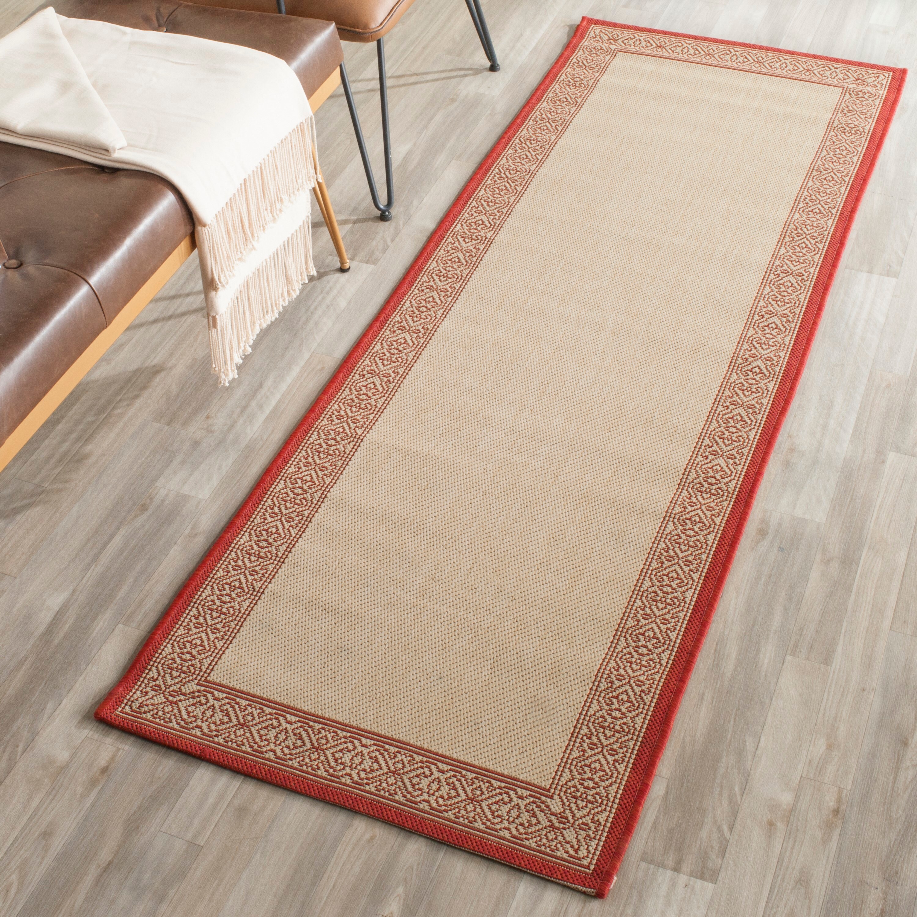 Safavieh CY2099-3701-27 Courtyard Gates 2 x 7 (ft) Loomed Polypropylene Natural/Red Rectangular Indoor/Outdoor Border Coastal Runner rug