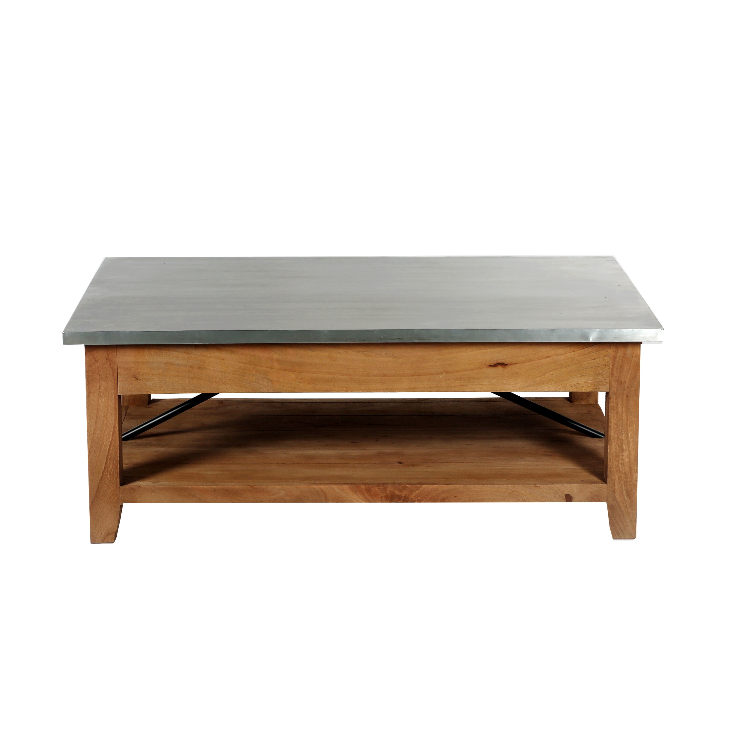 Industrial Rustic Wood and Zinc Metal Coffee Table with Shelf
