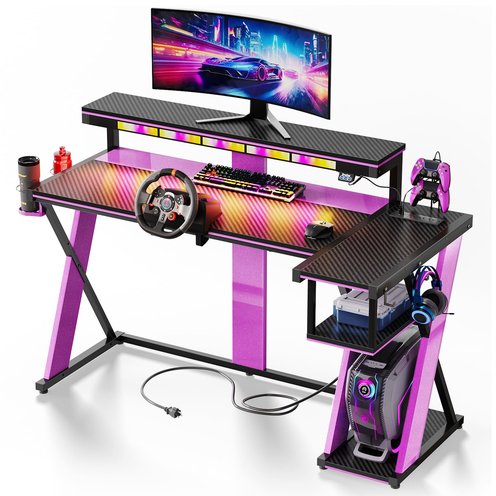 Bestier LOW-G200614SUS-BDGP 57.36-in W Purple L-Shaped Gaming Desk with Monitor Stand and Power Outlet LED Corner Computer Desk with Cup Holder and Controller Stand
