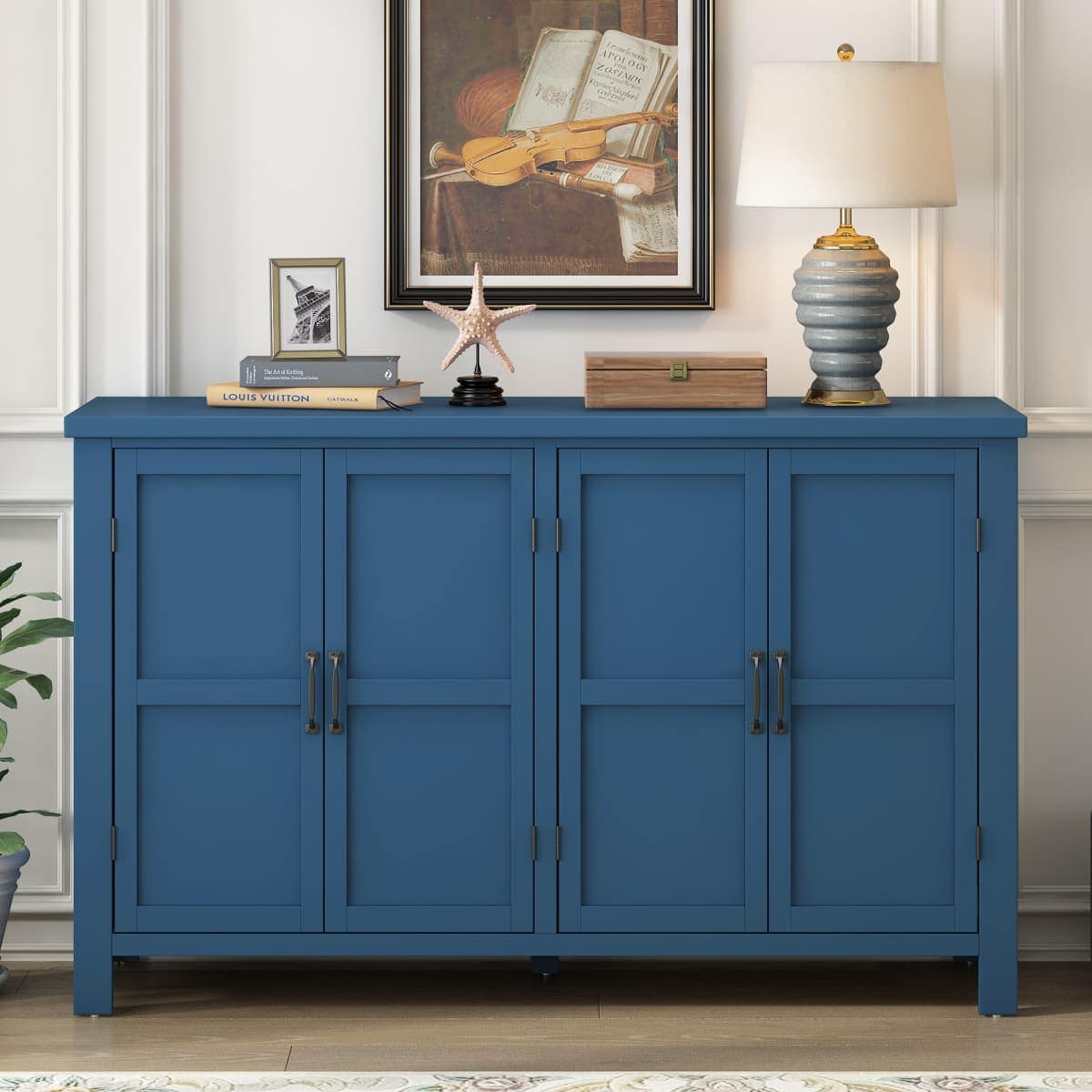 Maison Boucle CRENO-CABINET-BLUE Blue 4-Door Sideboard Cabinet with Shelves Retro Buffet Table Pinewood Legs for Entryway Storage