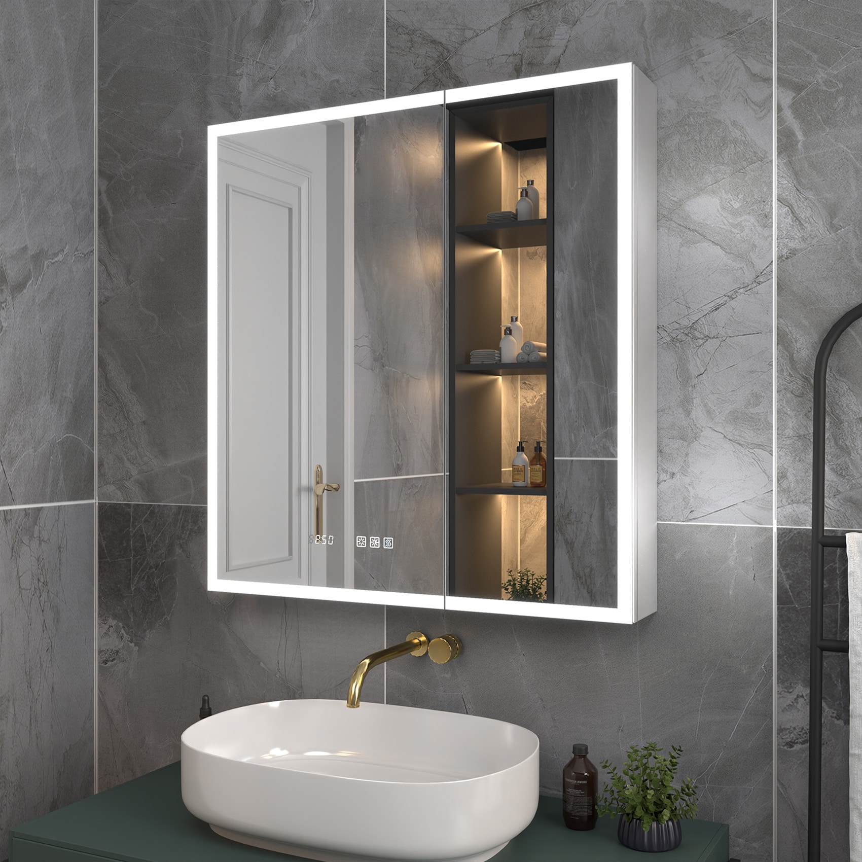 ExBrite EBMC3630V3DB Glare 30-in x 32-in Lighted LED Fog Free Surface/Recessed Mount Moonlit Silver Mirrored Rectangle Soft Close Medicine Cabinet with Outlet