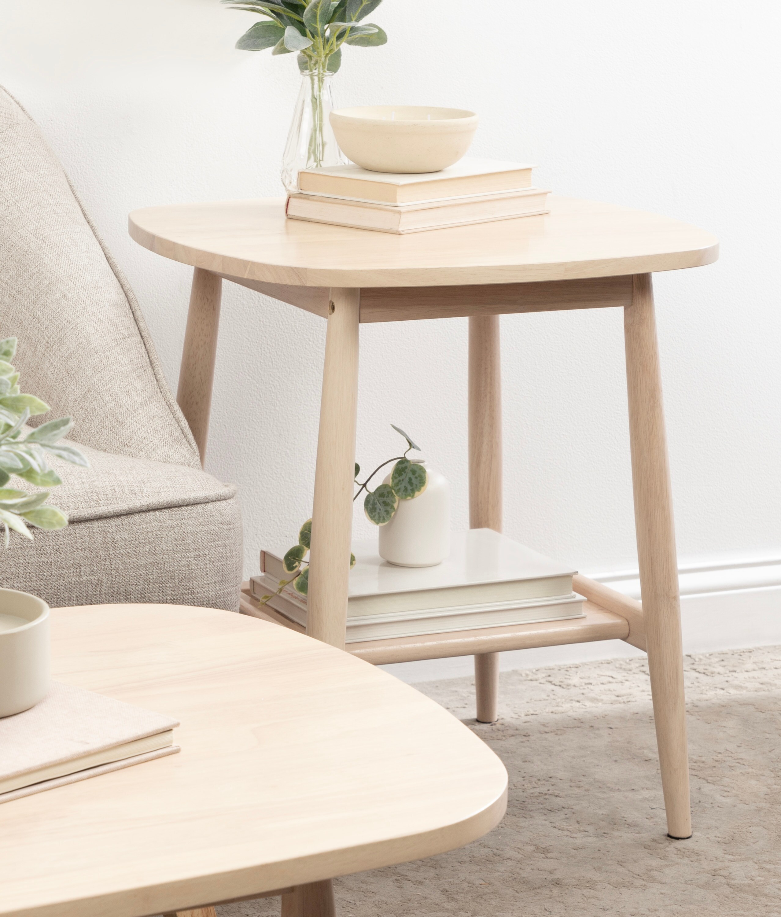 Natural Light Wood Rectangular Side Table with Storage Shelf