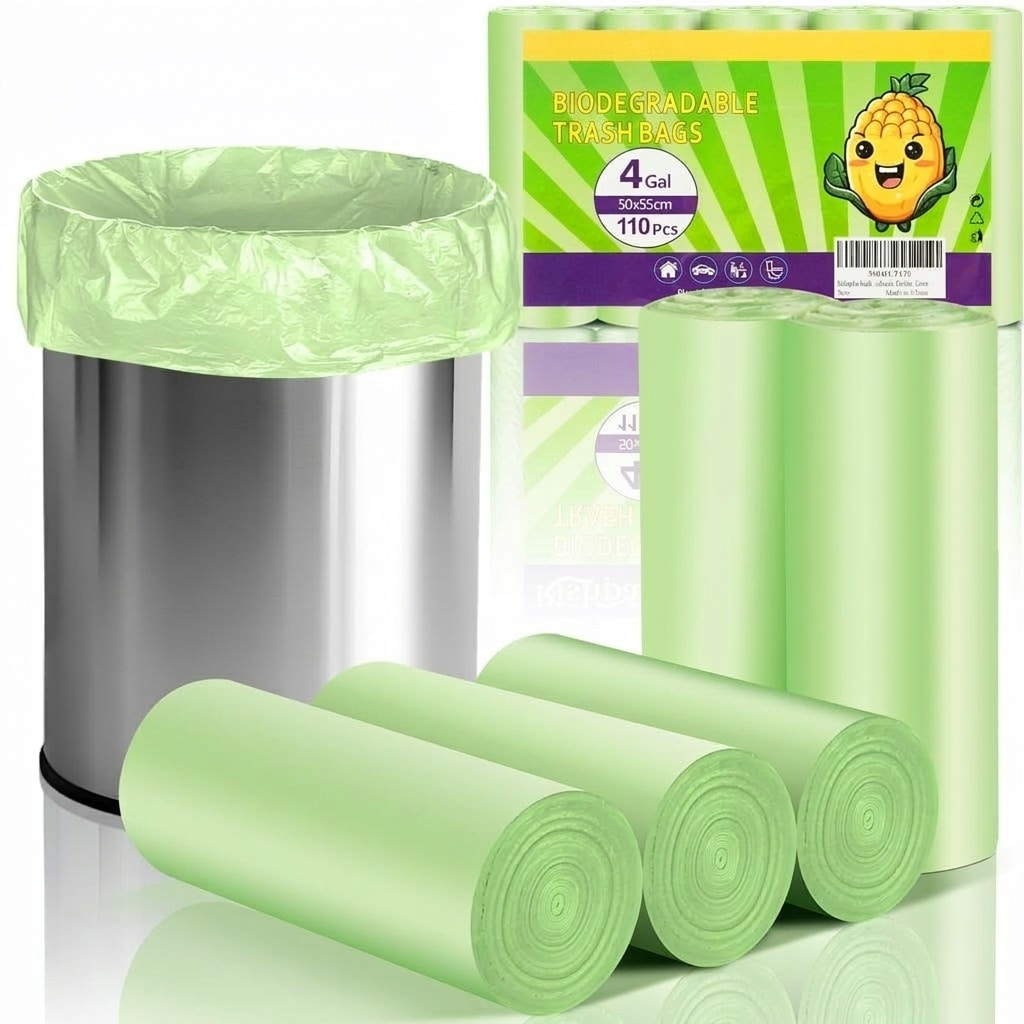 Oyezvary  Small Trash Bags 4 to 6 Gallon Biodegradable 110 Pack Unscented Leak Proof Easy Tear Bathroom Office Bedroom Kitchen Green Eco Friendly