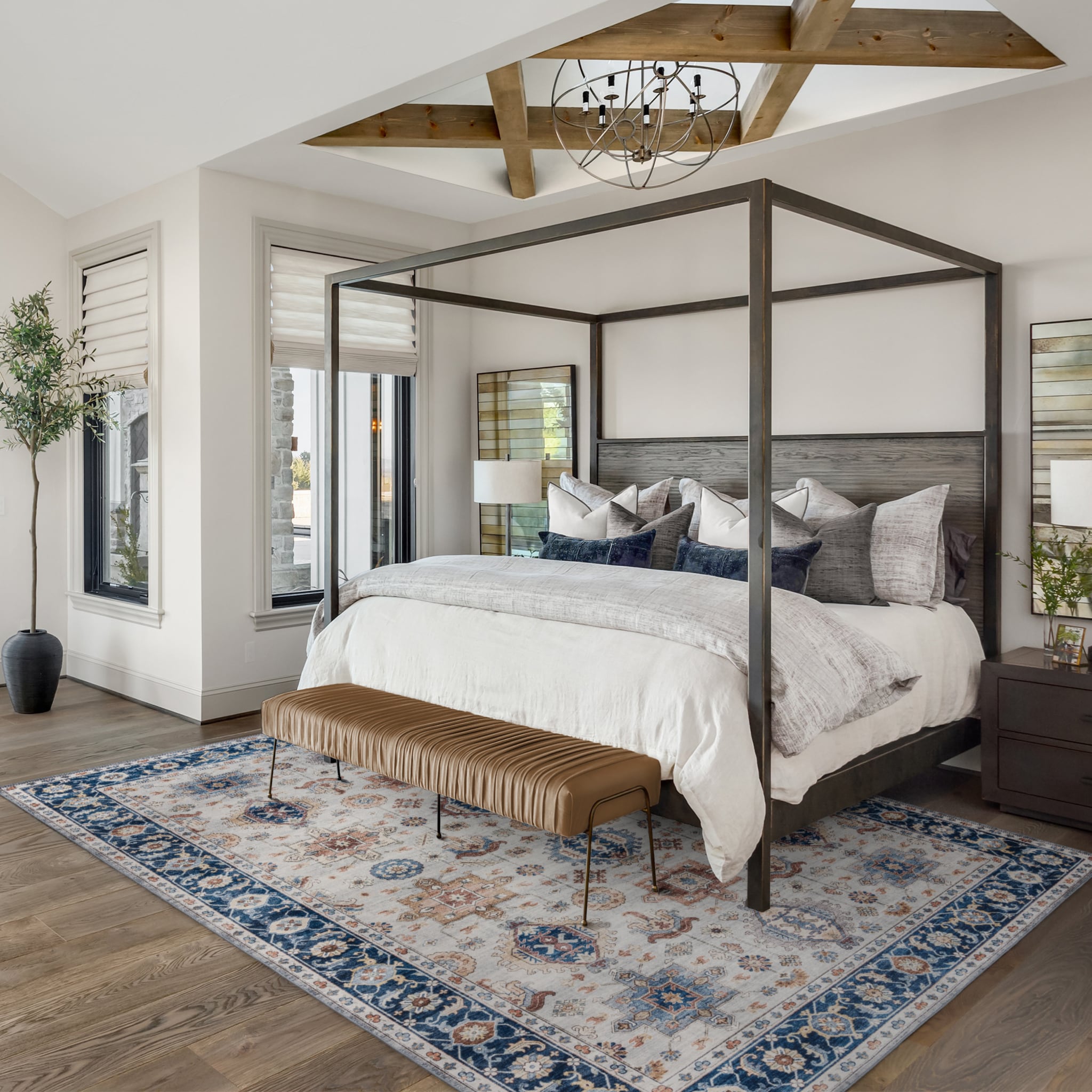 Micah Blue and Ivory Traditional Washable 6' x 9' Area Rug