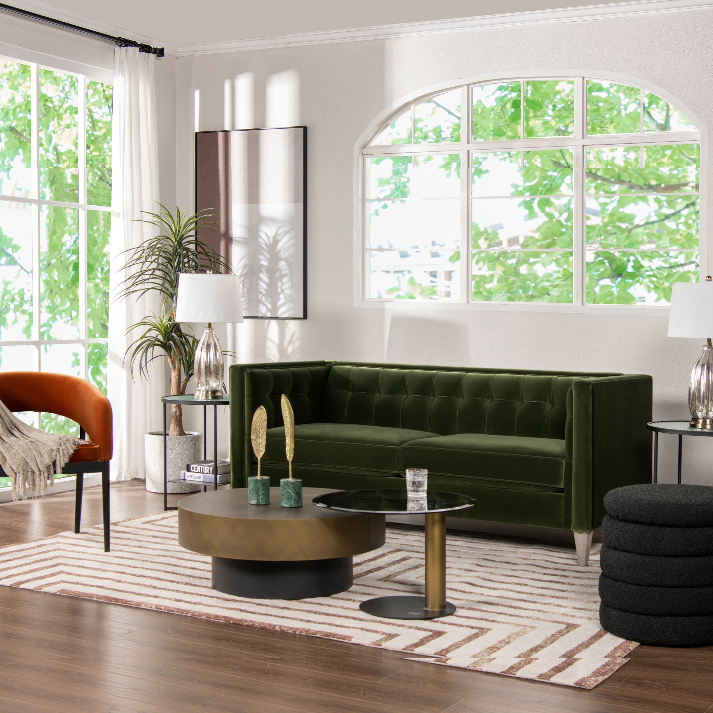 James 74" Olive Green Velvet Tuxedo Sofa with Wood Legs
