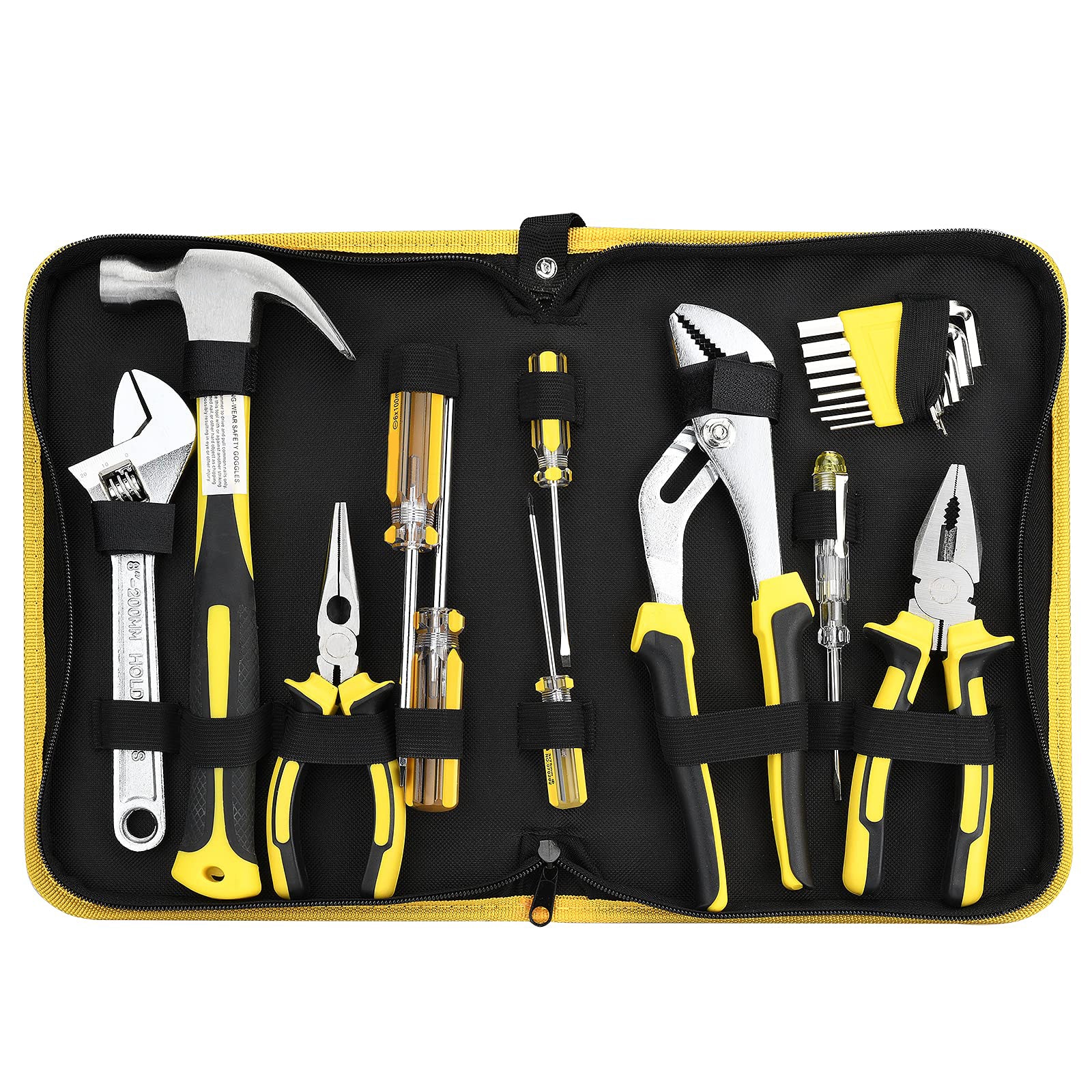 Afoxsos 19 Piece Household Tool Kit Set with Pliers Screwdrivers Hammer Adjustable Wrench Hex Key Set and Storage Canvas Bag for Home Projects