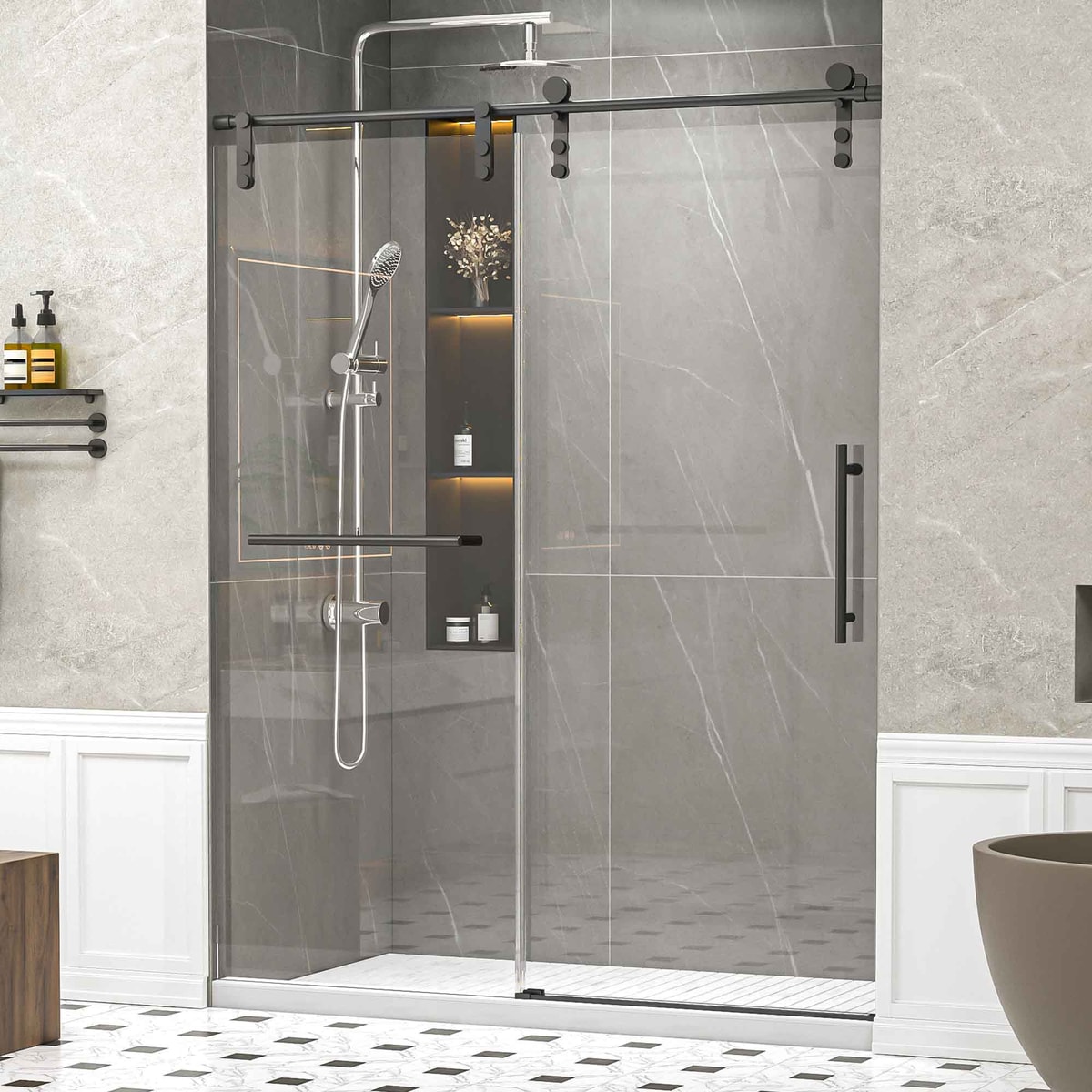 Loheer 56 to 60-in W x 76-in H Matte Black Frameless Single Sliding Shower Door