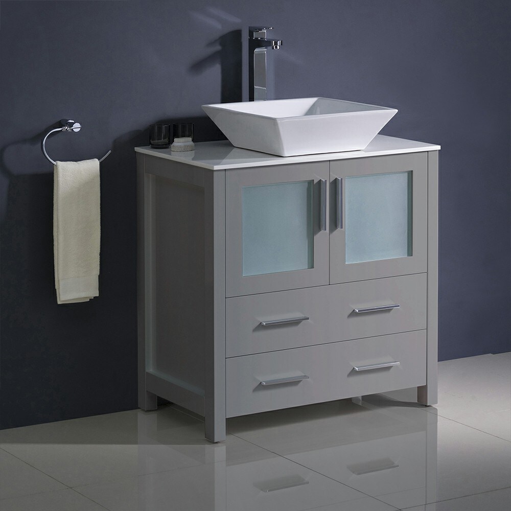 Contemporary 30" Gray Engineered Wood Bathroom Vanity with Ceramic Top