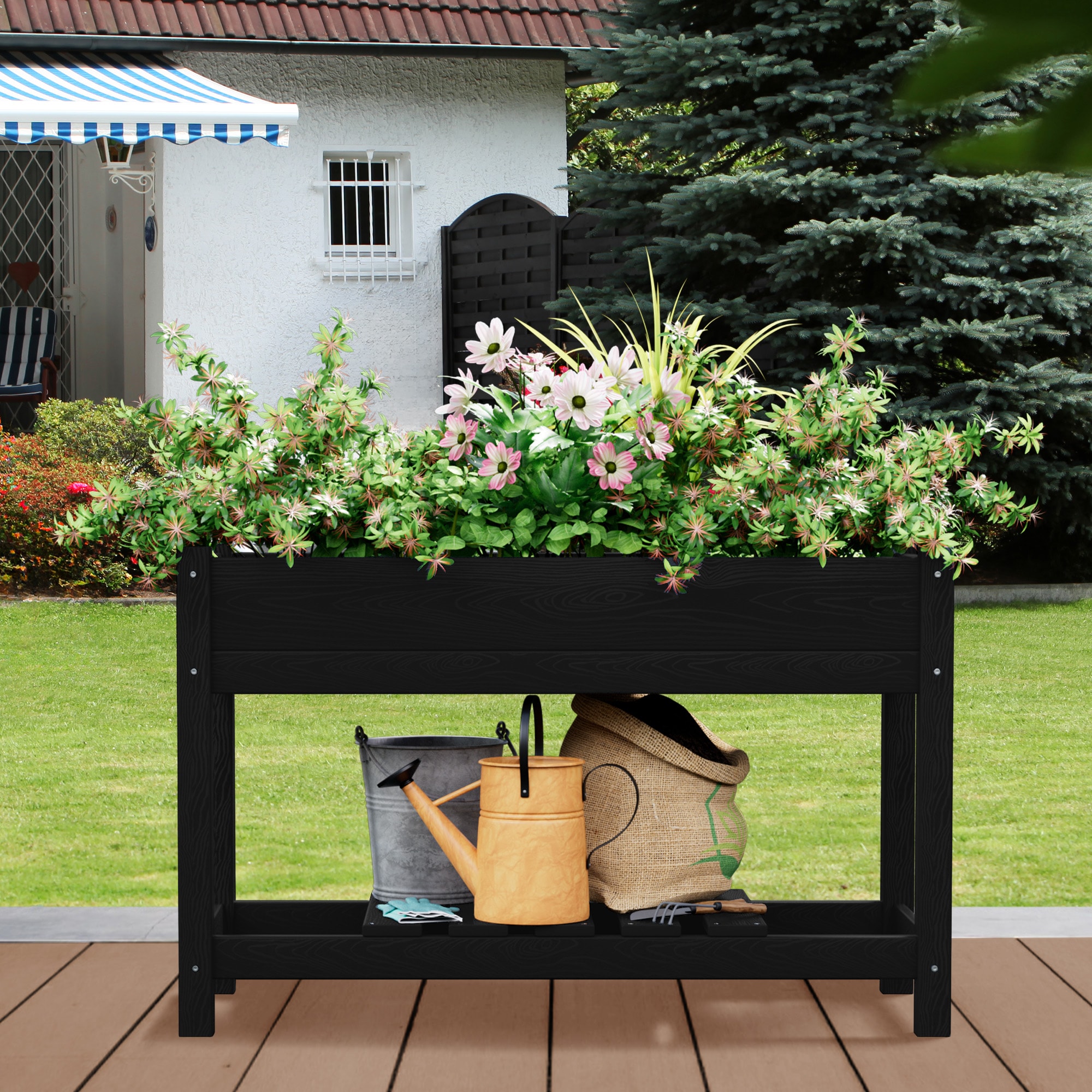 JEAREY GYCY-YW HDPE Two-Layer Plant Stands 29.13-Inches H x 41.73-Inches W Black Indoor/Outdoor Rectangular Plastic Plant Stand