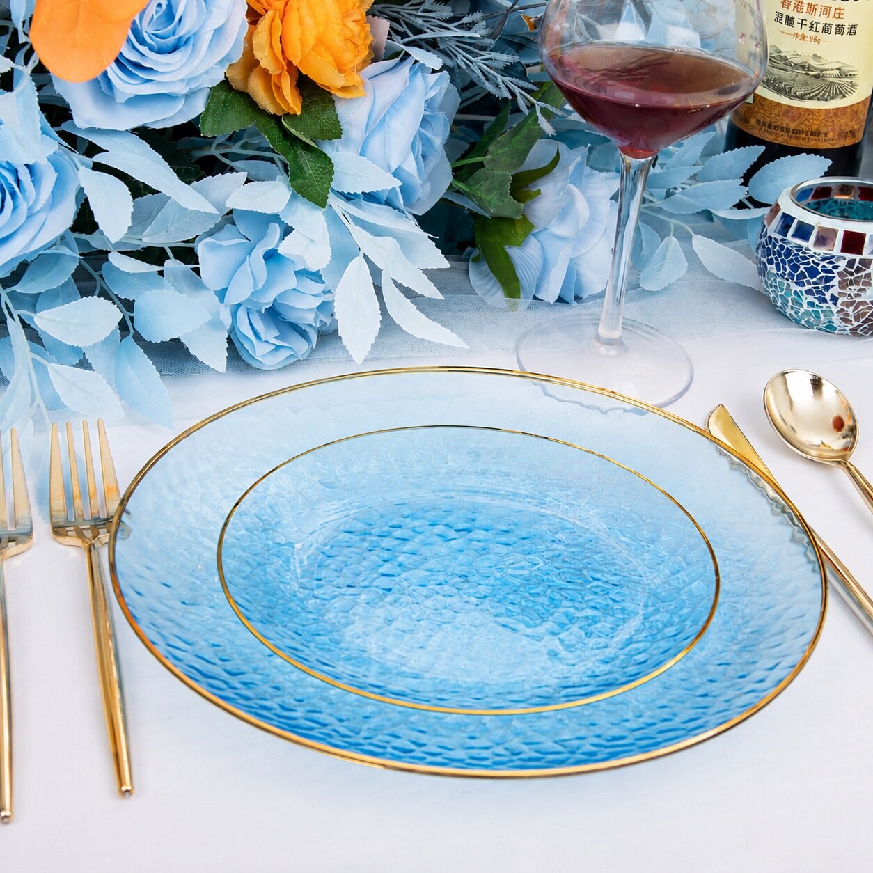 Aoibox 60 Pack Clear Blue Plastic Plates with Hammered Design and Gold ...