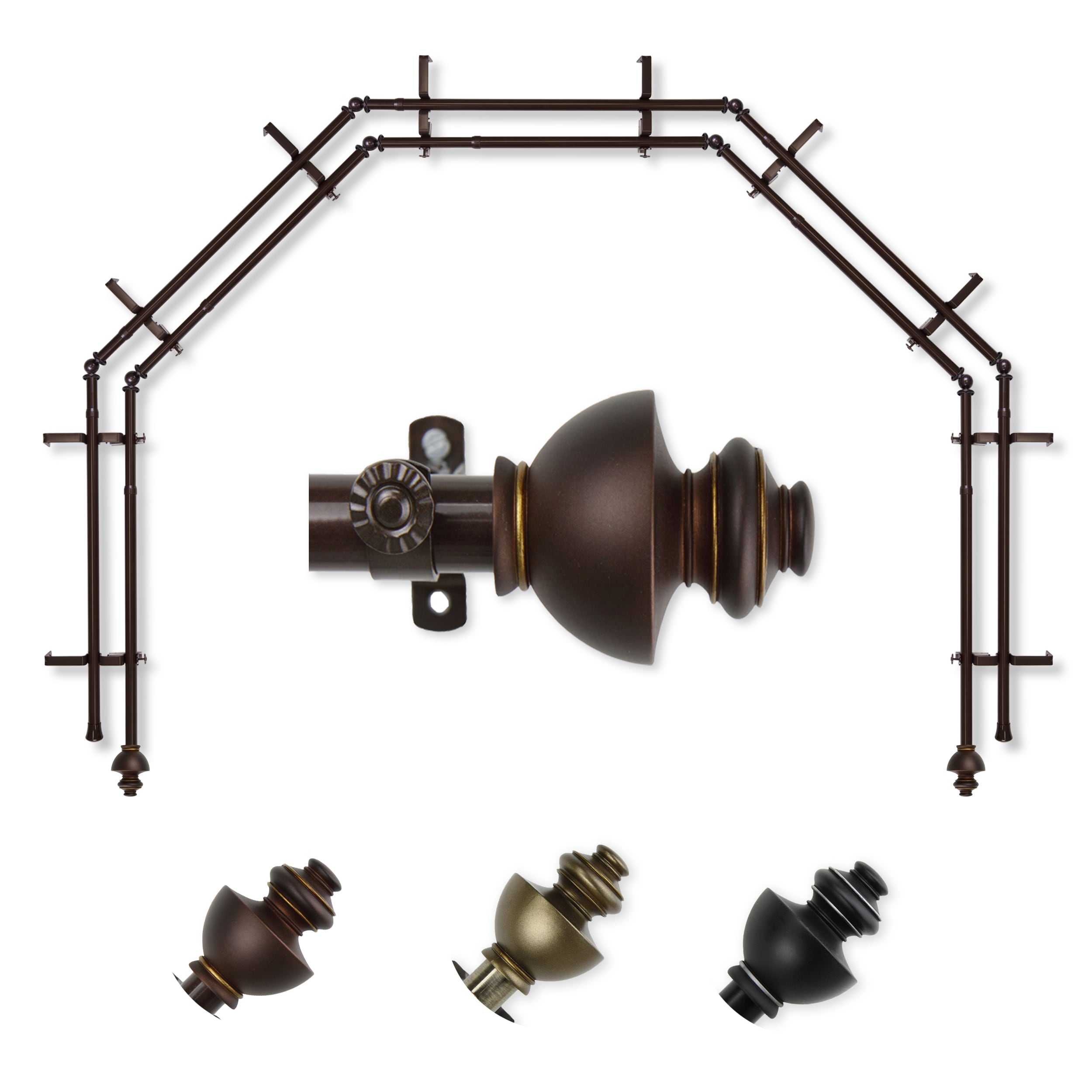 Hart & Harlow L-5BAY-04-7D Ornate 5-Sided Double Bay Cocoa Steel Bay window curtain rod with Finials