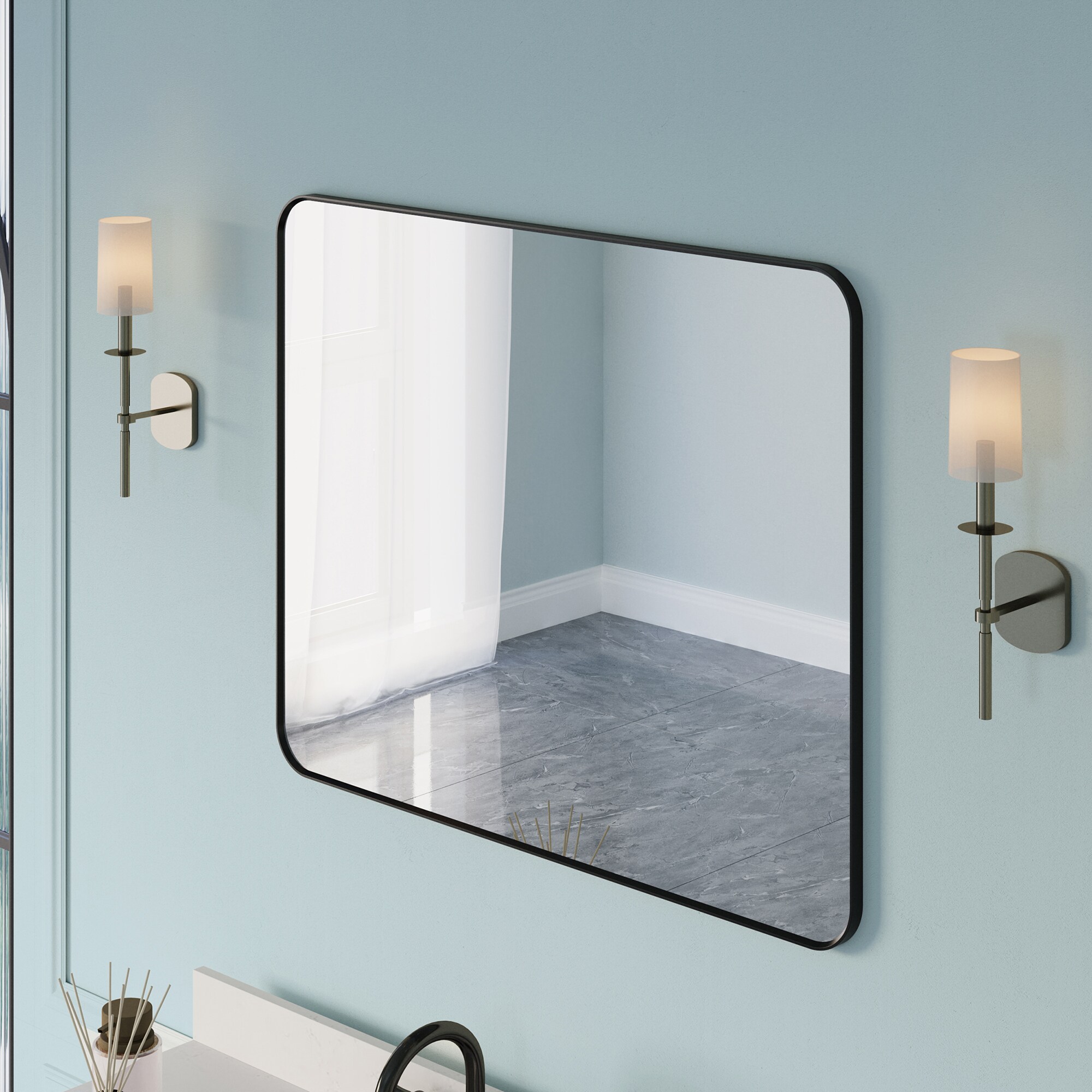 Forclover 40 in x 32 in Framed Rectangle Bathroom Vanity Mirror Black in the Bathroom Mirrors department at Lowes