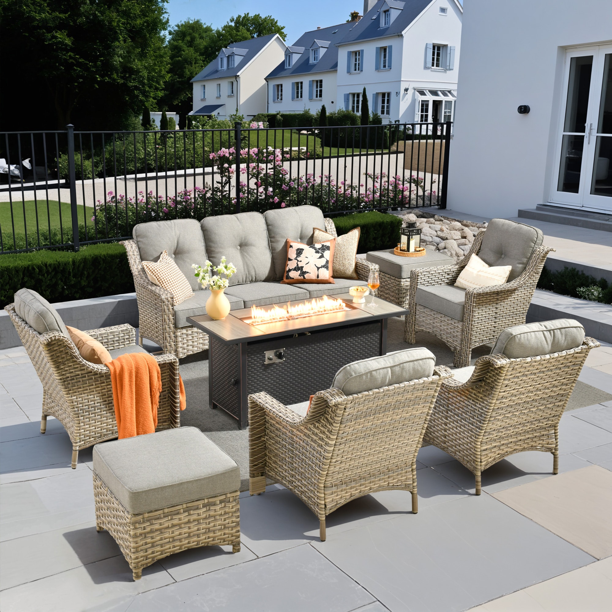 Pouuin SDFPAD208 8 -Piece Wicker Patio Sofa Conversation Set with Dark Gray Cushions