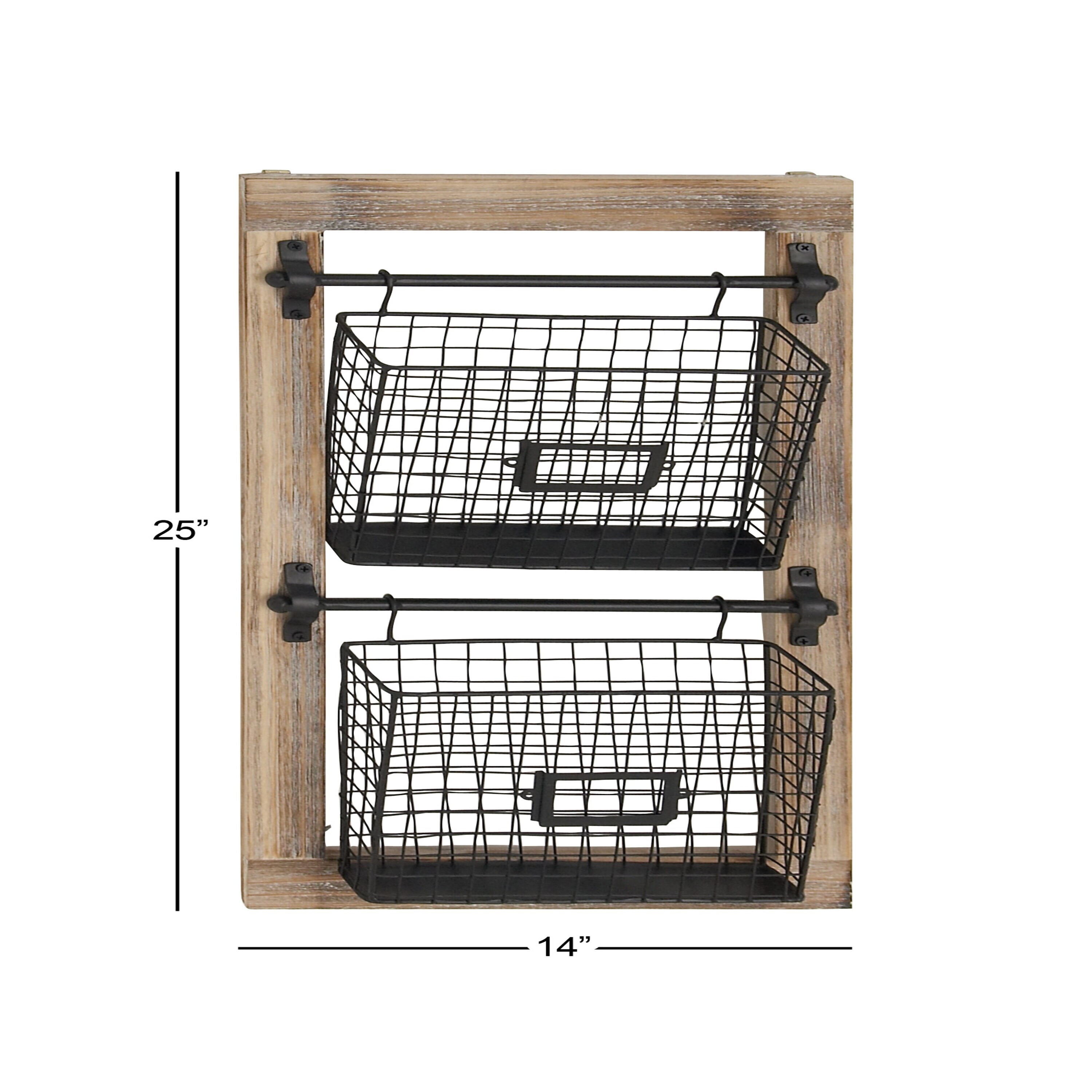 Black Metal and Wood Wall Mounted Magazine Rack with Baskets