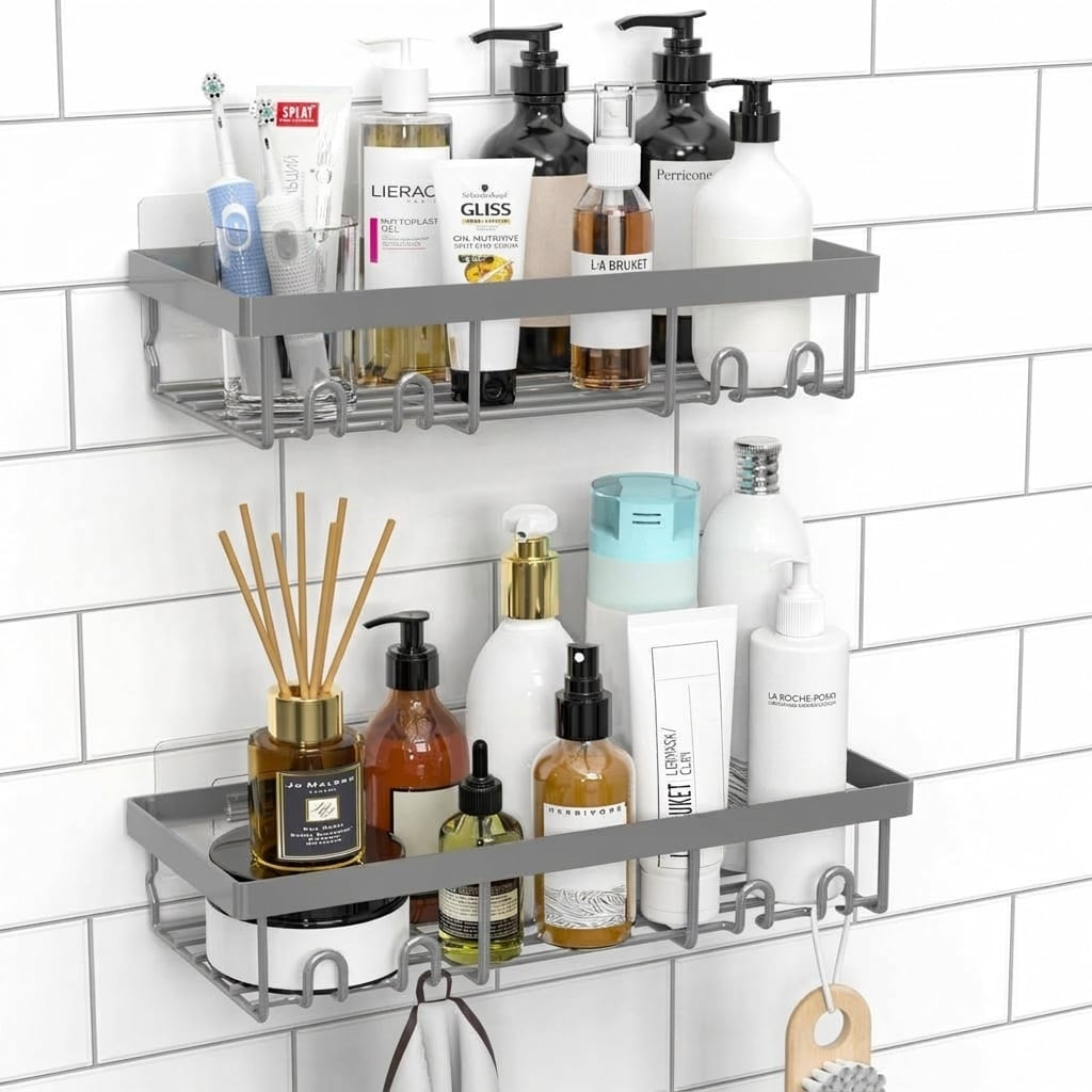 AOIZGMY Shower Caddy Shelf Organizer Set Self Adhesive Black Bathroom Storage Rack Stainless Steel Wall Mount Basket with Hooks for Home RV #L05AZ08099