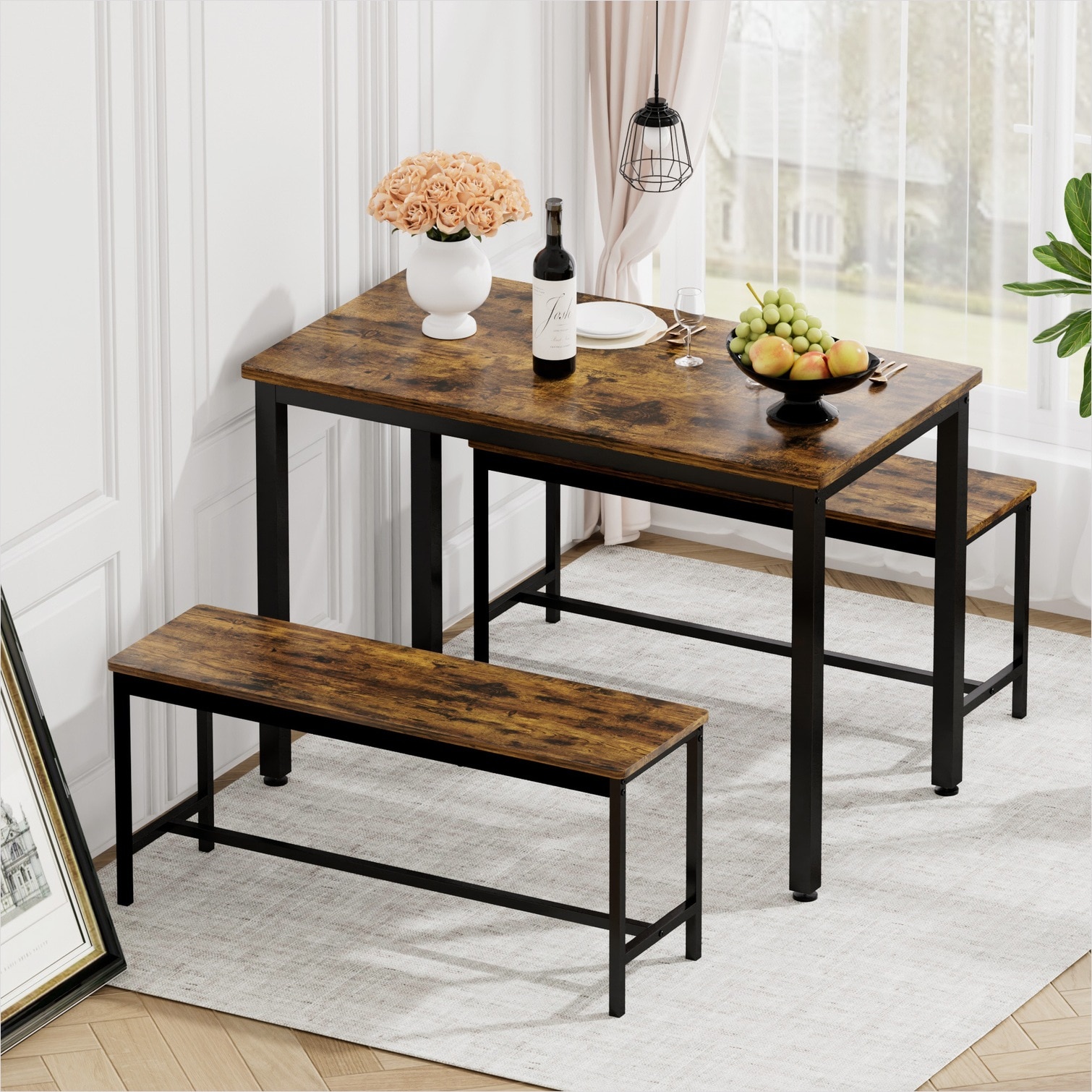 SunJet Wood-Tone Brown 4-Person Dining Table Set with Two Benches ...