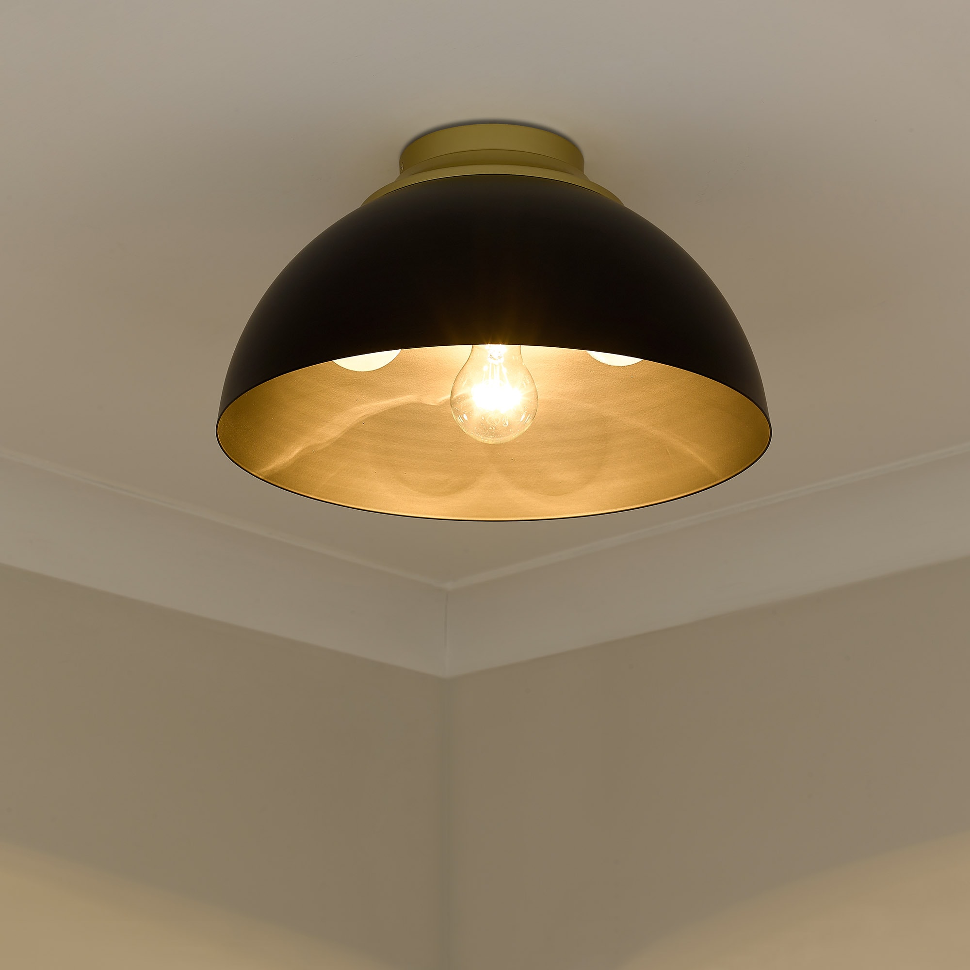 Olympic Gold and Matte Black Dome Flush Mount Light